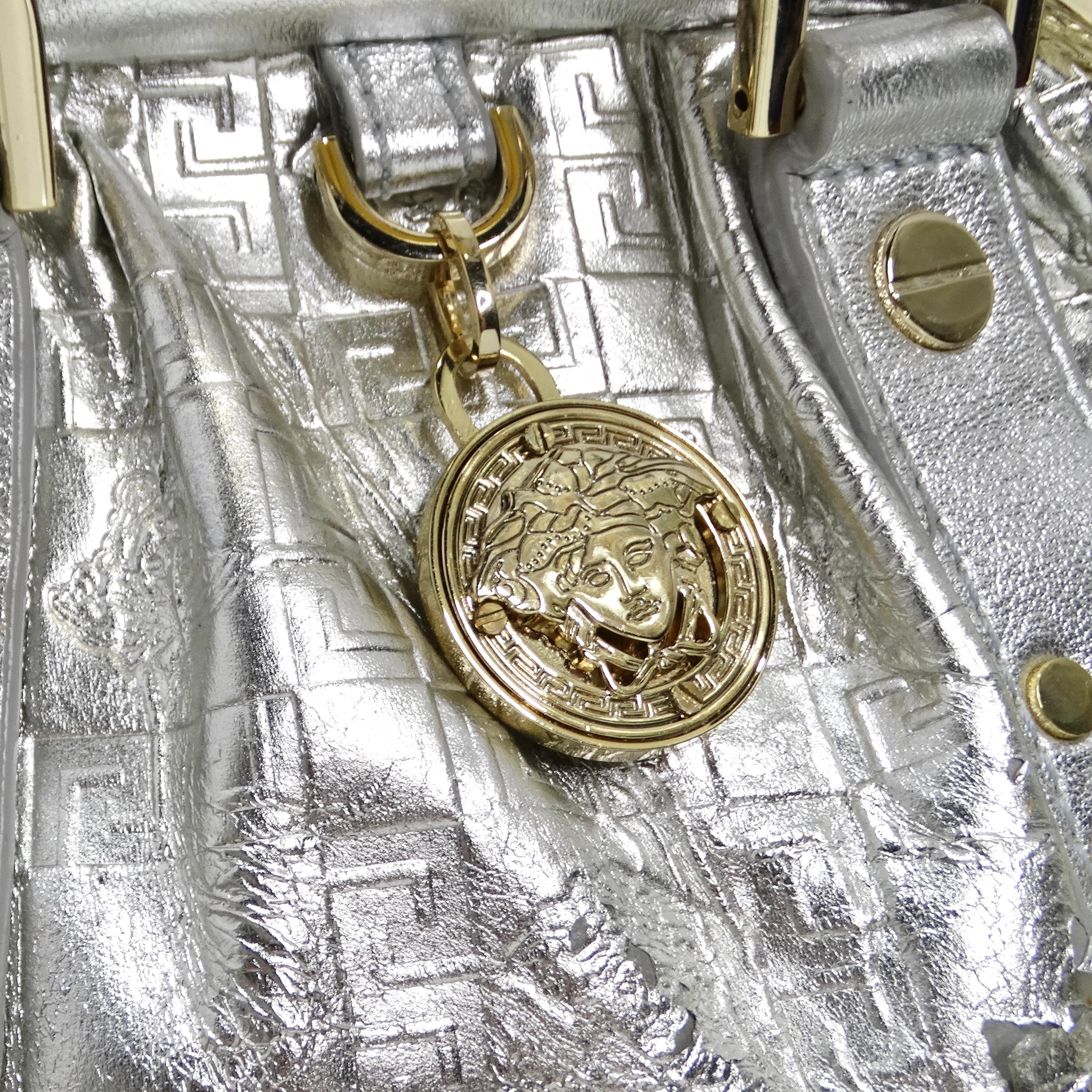 Versace 1990s Silver Leather Medusa Shoulder Bag In Good Condition For Sale In Scottsdale, AZ
