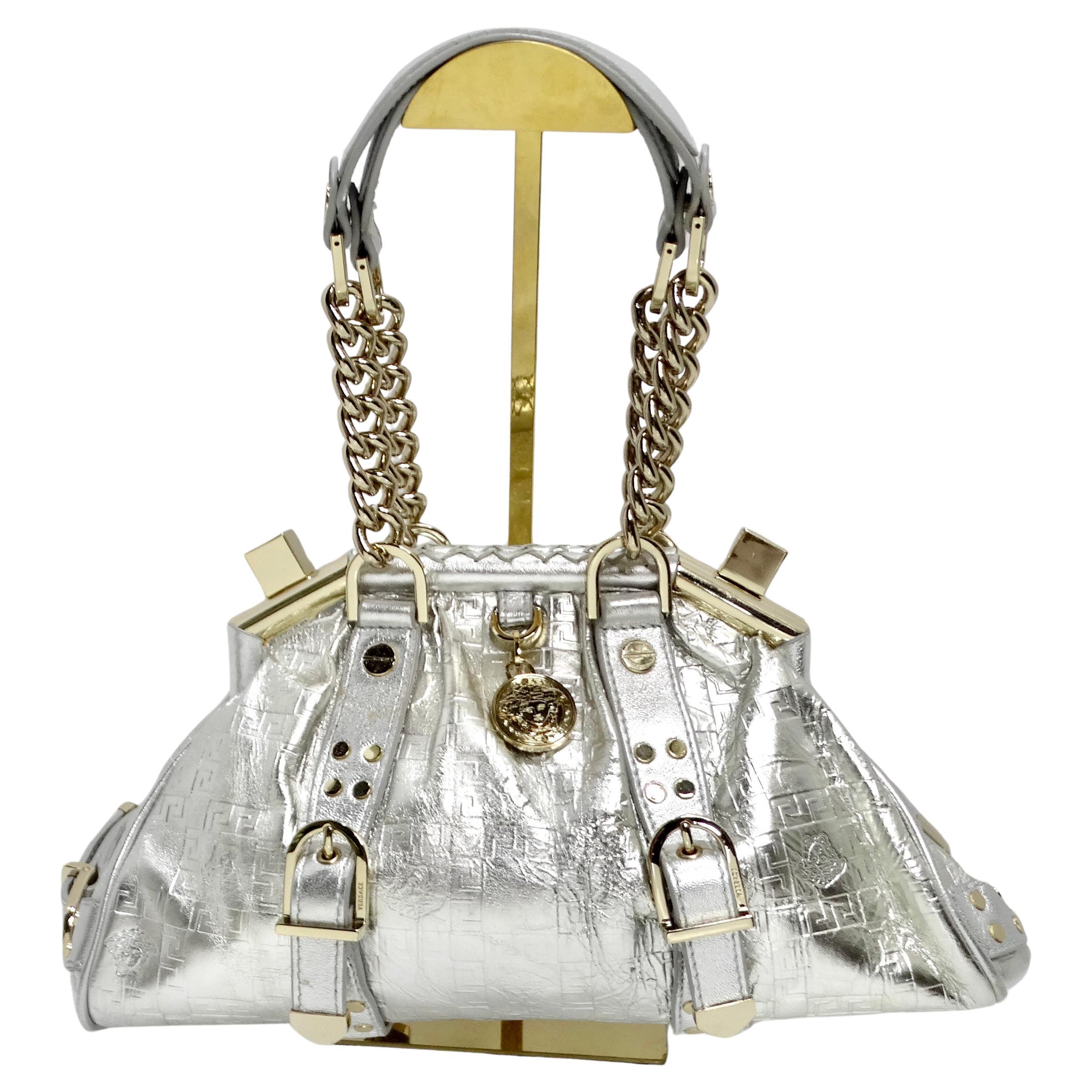 Versace 1990s Silver Leather Medusa Shoulder Bag For Sale