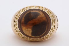 Versace 1990s Sugarloaf Cut Honey Citrine Greek Key Motif Gold Dome Ring
