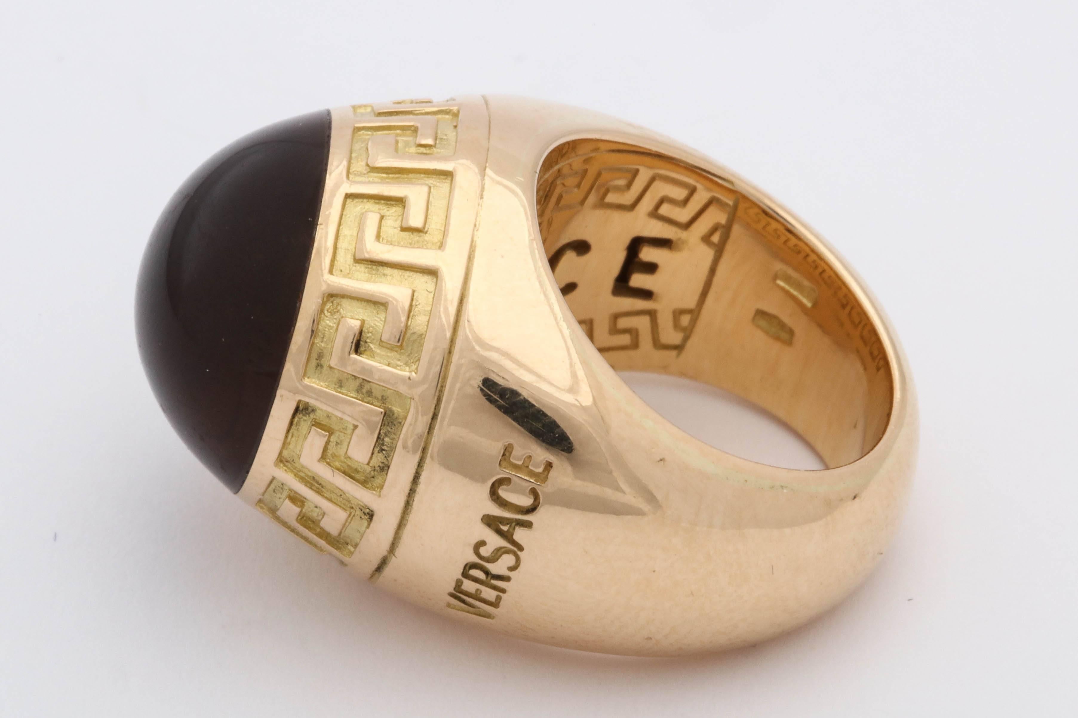 Versace 1990s Sugarloaf Cut Honey Citrine Greek Key Motif Gold Dome Ring 1