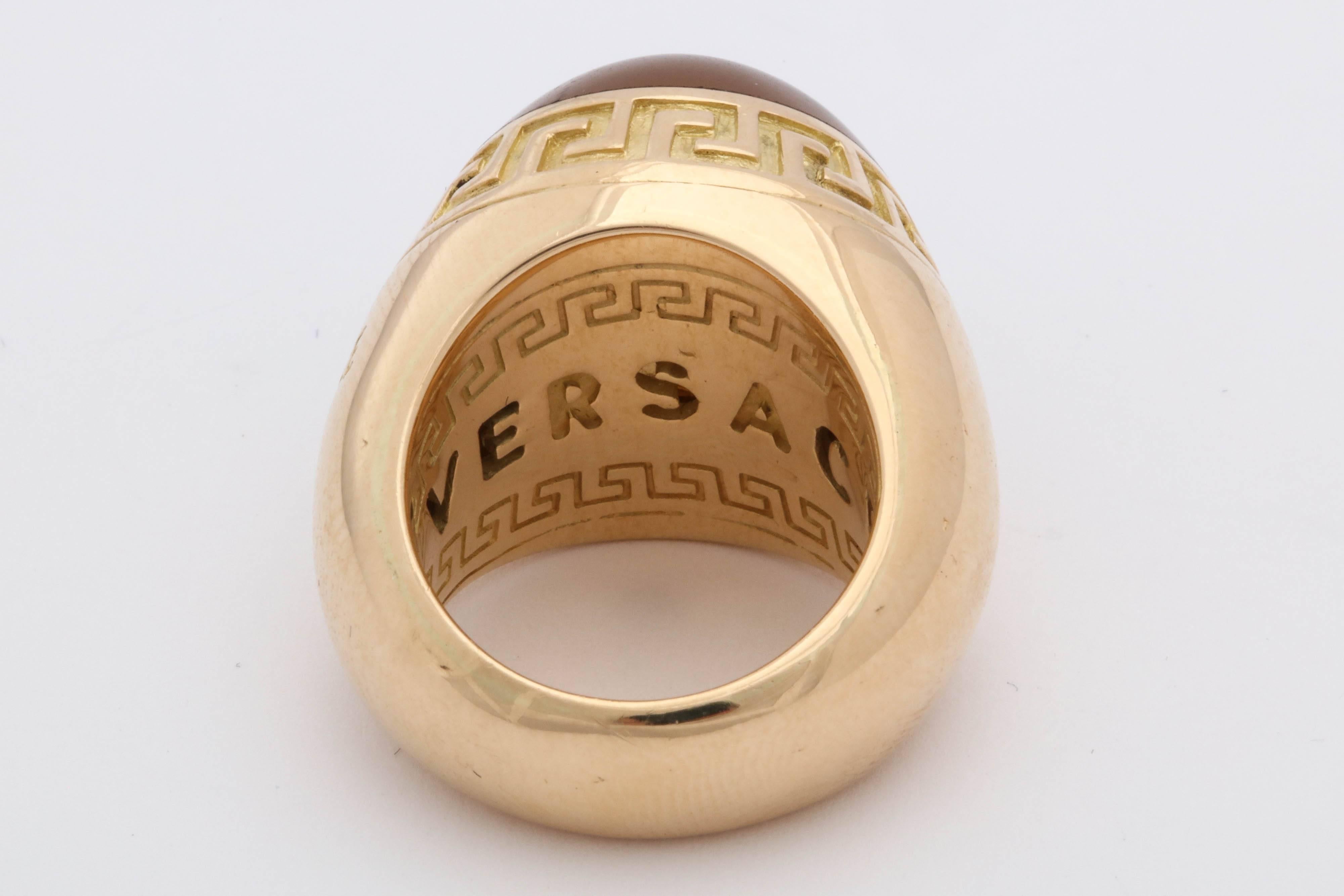 Versace 1990s Sugarloaf Cut Honey Citrine Greek Key Motif Gold Dome Ring 2