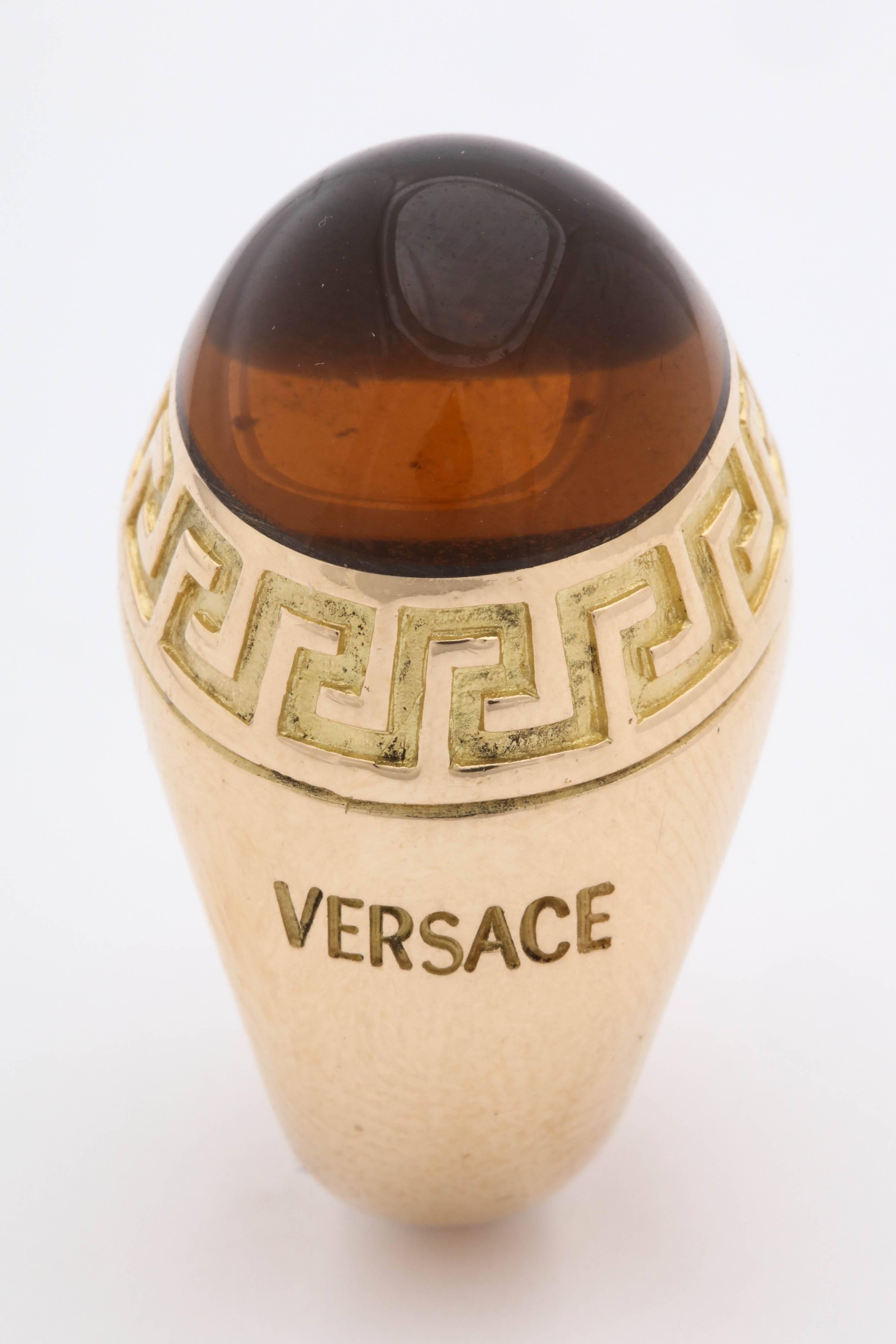 Versace 1990s Sugarloaf Cut Honey Citrine Greek Key Motif Gold Dome Ring 3