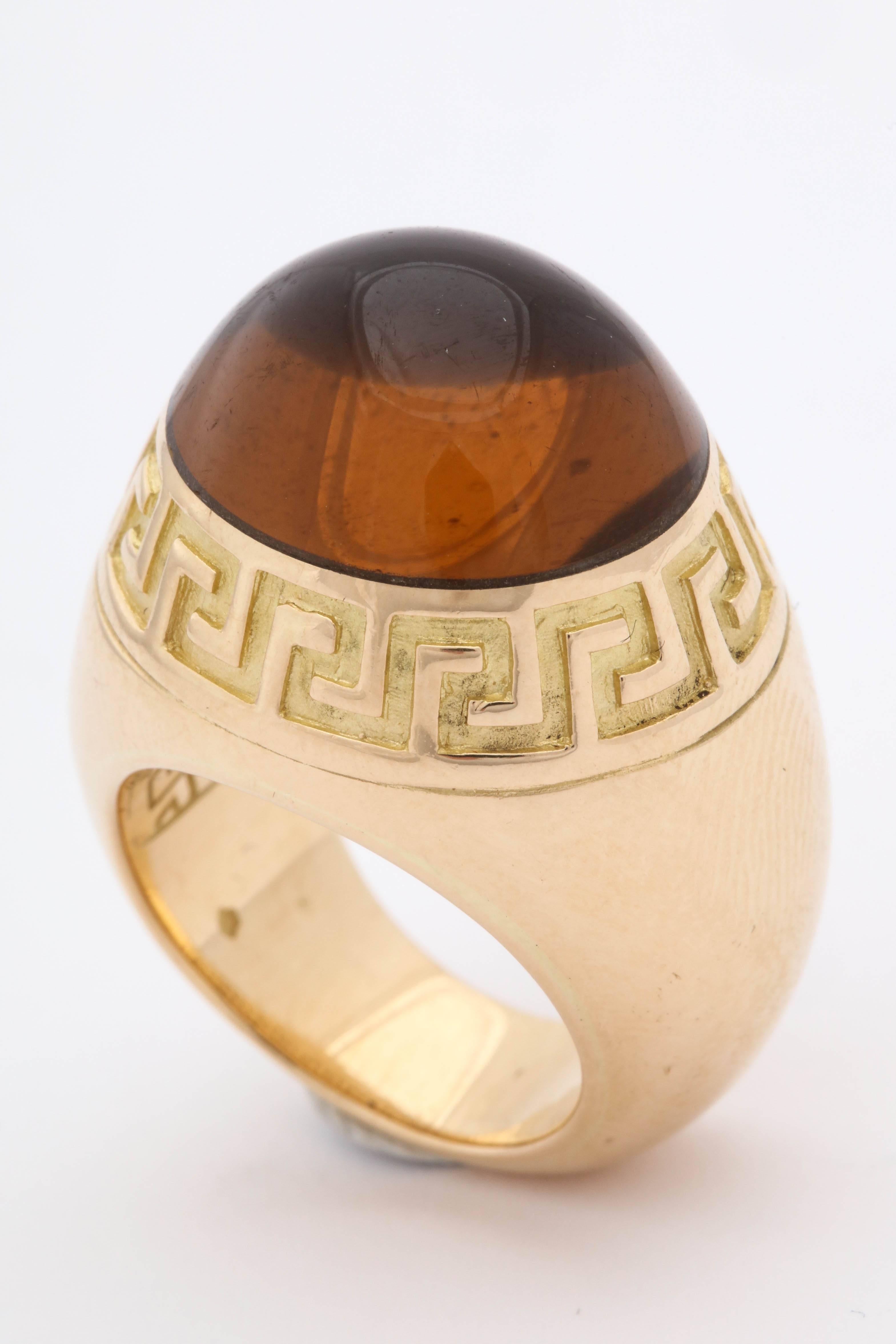 Versace 1990s Sugarloaf Cut Honey Citrine Greek Key Motif Gold Dome Ring 4