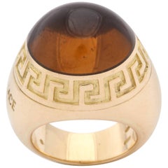 Versace 1990s Sugarloaf Cut Honey Citrine Greek Key Motif Gold Dome Ring