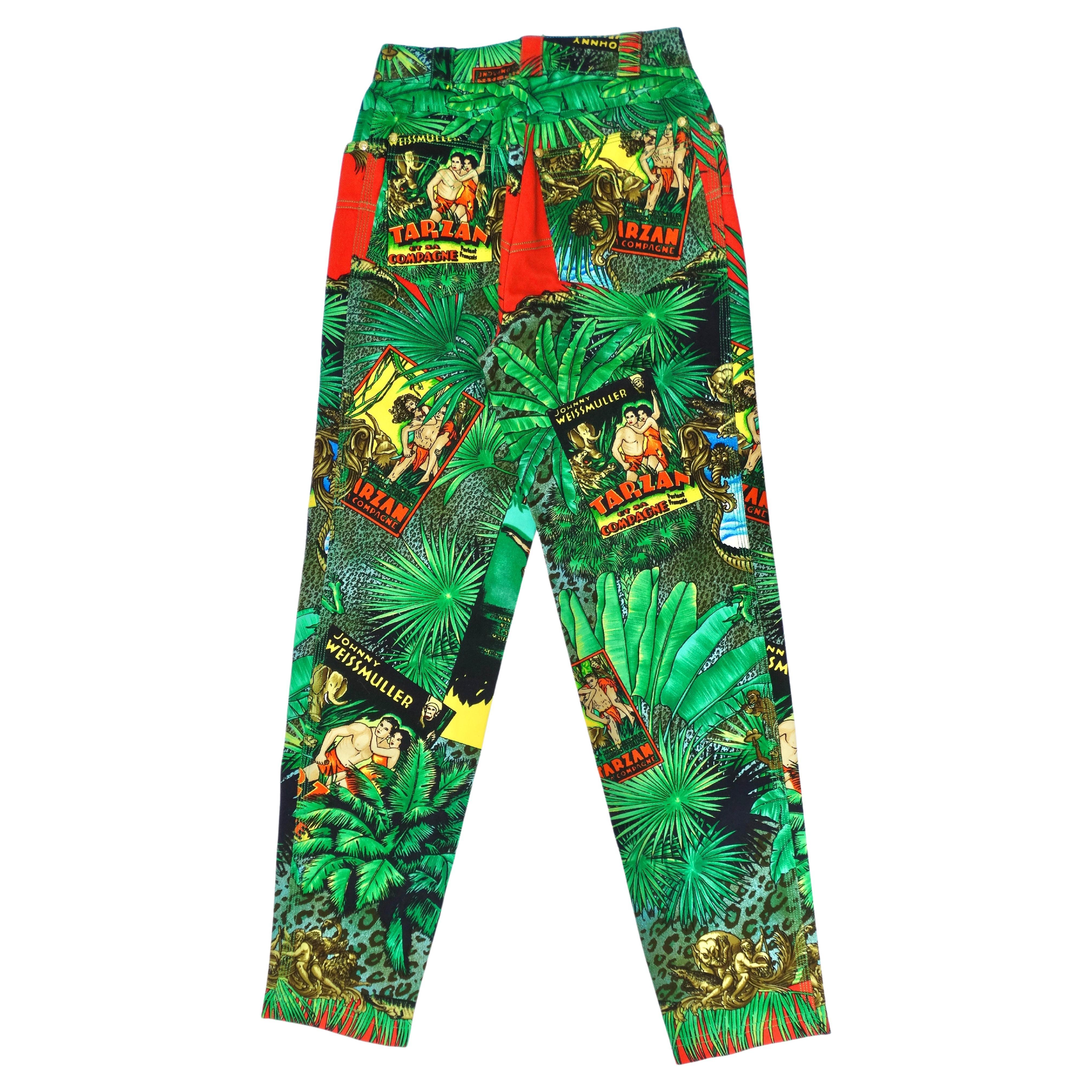 These 1990's Versace jeans are a super rare and collectible find!! Don't forget to have fun with fashion. These tarzan-printed jeans are by Versace Jeans Couture and feature stretch cotton fabric, classic 5-pocket style, high-rise, and a button and