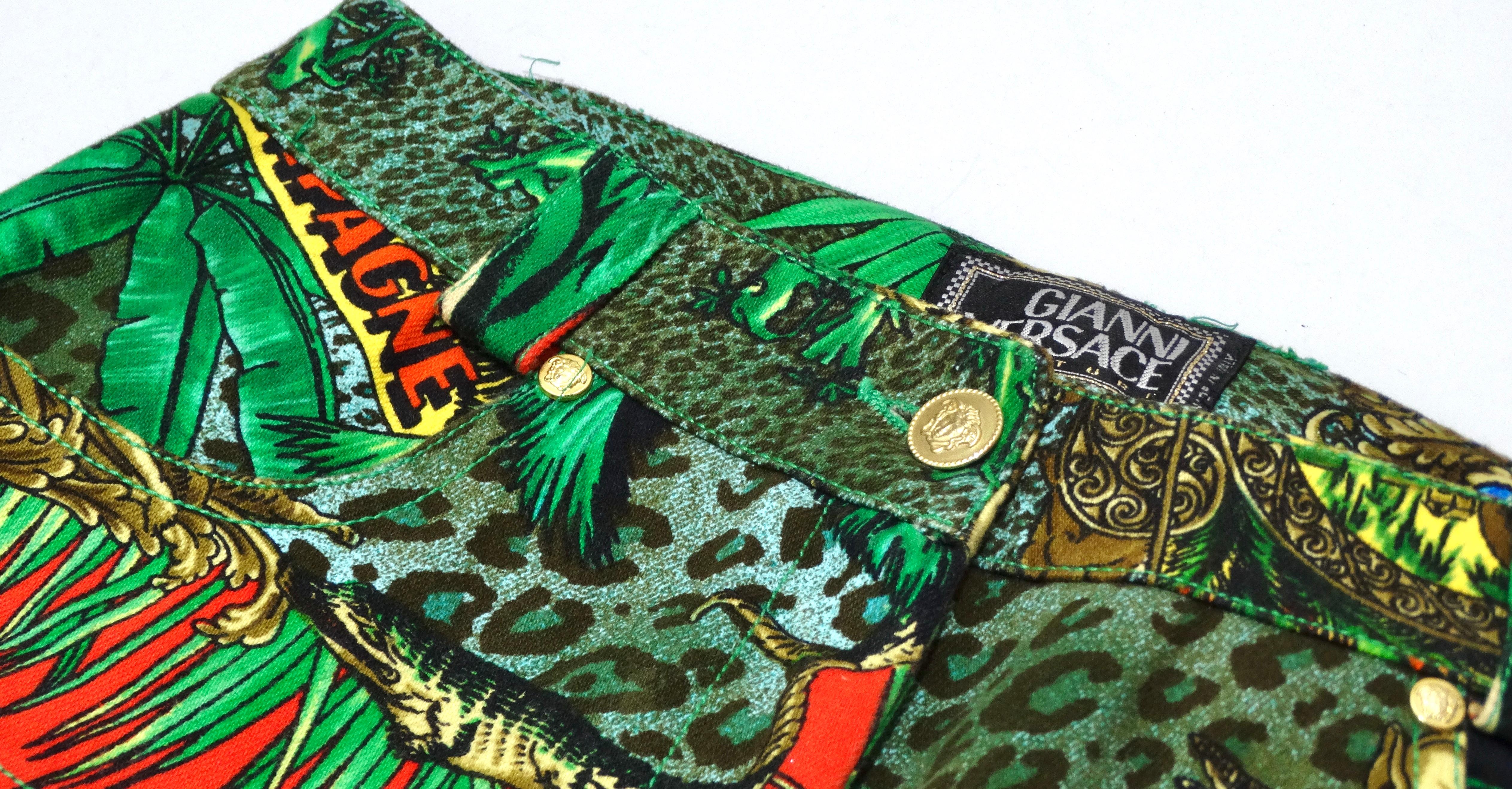 Green  Versace 1990's Tarzan Print Jeans  For Sale