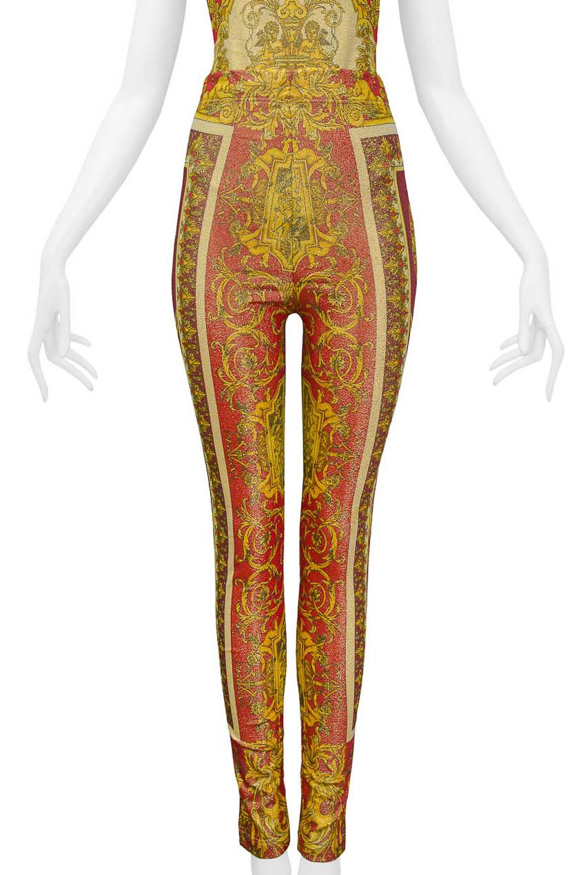 Brown Versace 1992 Red & Gold Metallic Spandex Baroque Ensemble For Sale