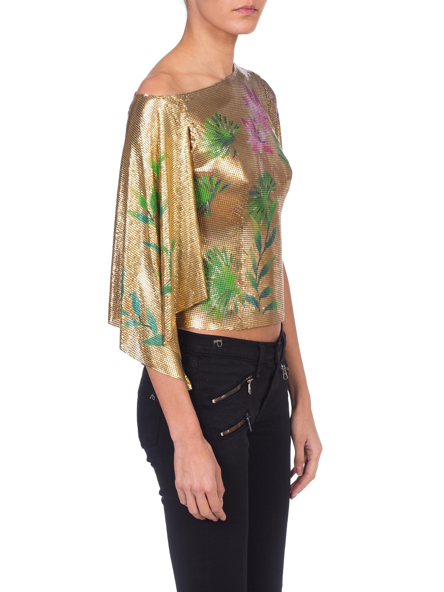2000S GIANNI VERSACE Jlo Collection Tropical Gold Metal Mesh One Sleeve Top In Excellent Condition For Sale In New York, NY