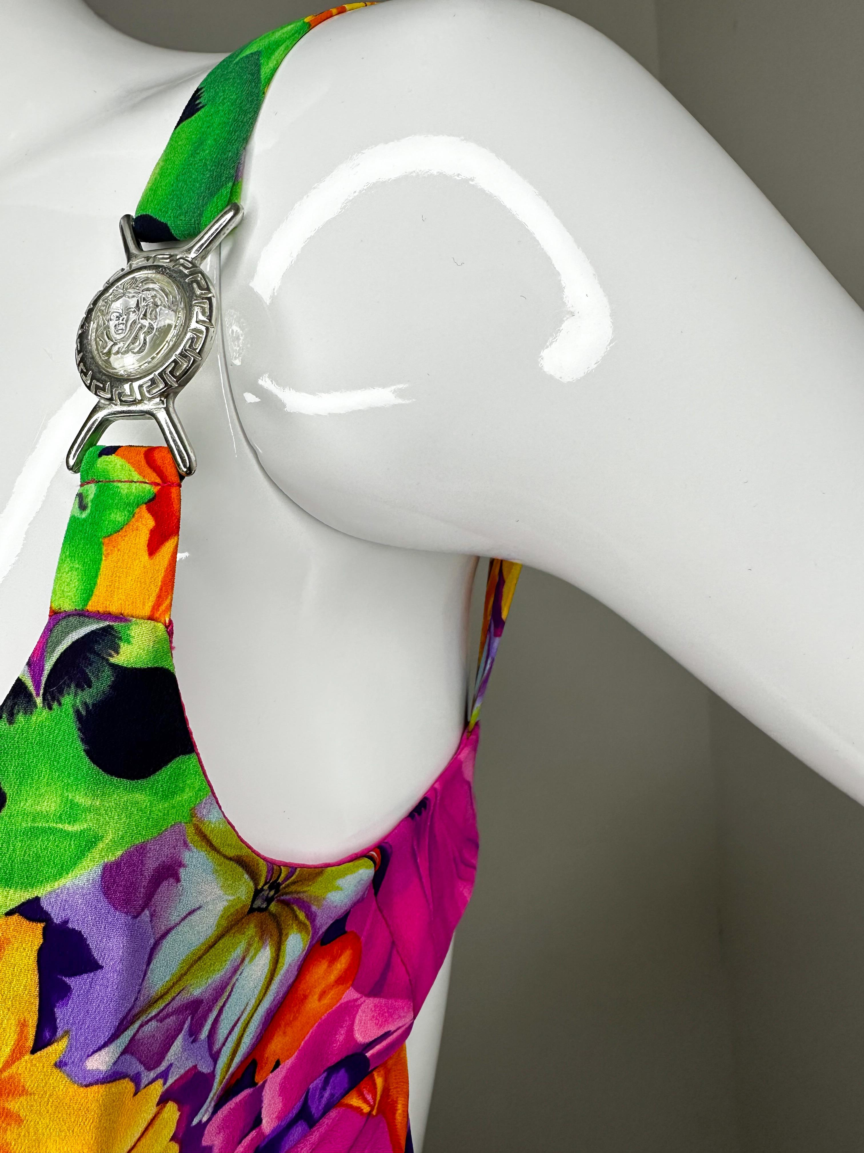 Versace 2004 by Donatella silk multicolor Medusa open back corset top For Sale 1