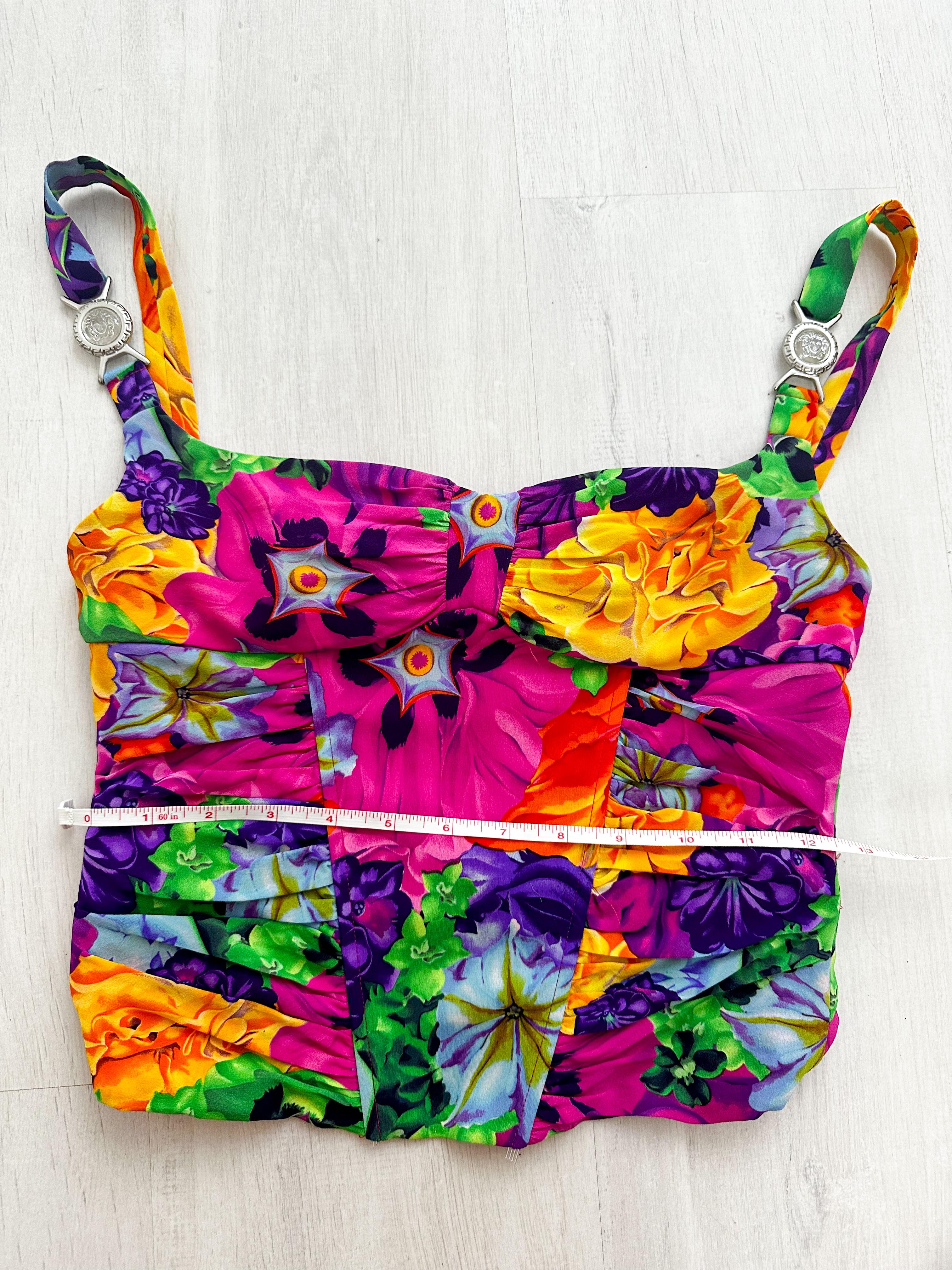 Versace 2004 by Donatella silk multicolor Medusa open back corset top For Sale 3
