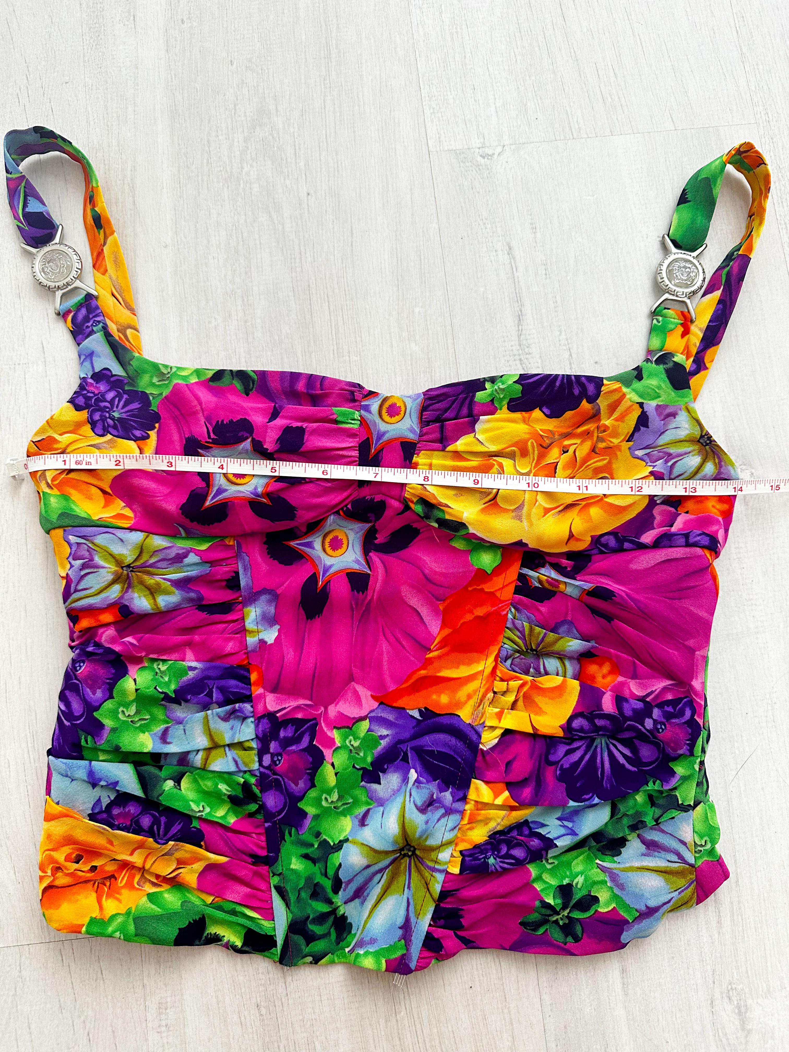 Versace 2004 by Donatella silk multicolor Medusa open back corset top For Sale 4