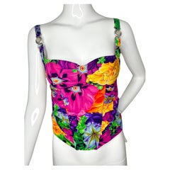 Versace 2004 by Donatella silk multicolor Medusa open back corset top