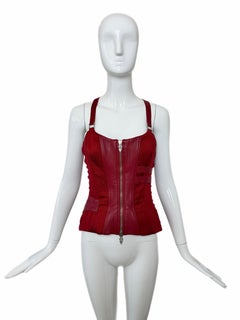 VERSACE 2003 Vintage Runway Red Leather + Lace Corset w. Ornate Hardware