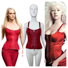 VERSACE 2003 Vintage Runway Red Leather + Lace Corset w. Ornate Hardware