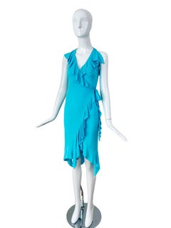 VERSACE 2004 Vintage Aqua Blue Ruffle Runway Style Wrap Dress