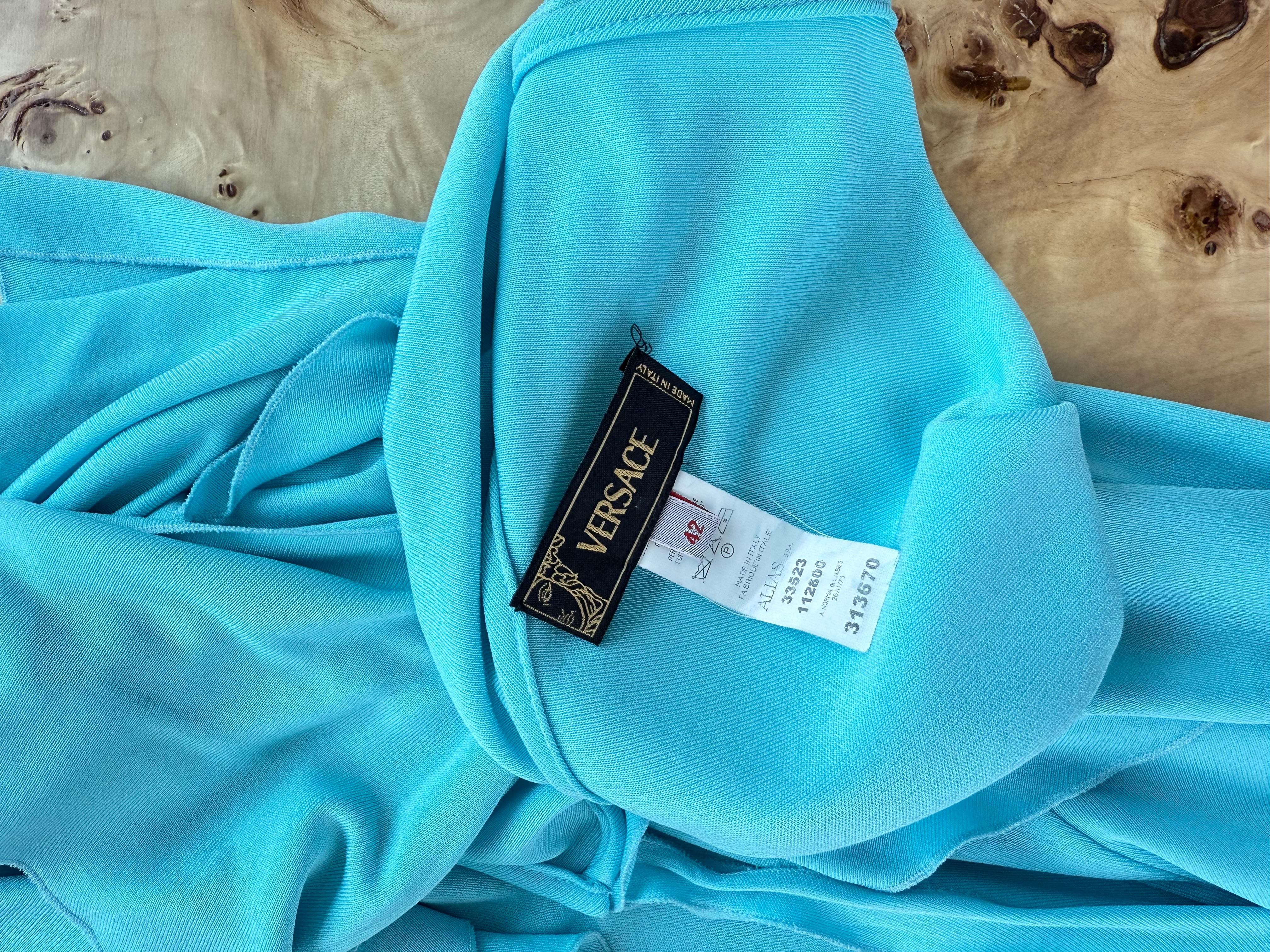 VERSACE 2004 Vintage Aqua Blue Ruffle Wrap Dress Runway Style For Sale 6