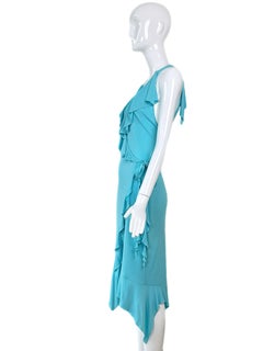 VERSACE 2004 Vintage Aqua Blue Ruffle Wrap Dress Runway Style