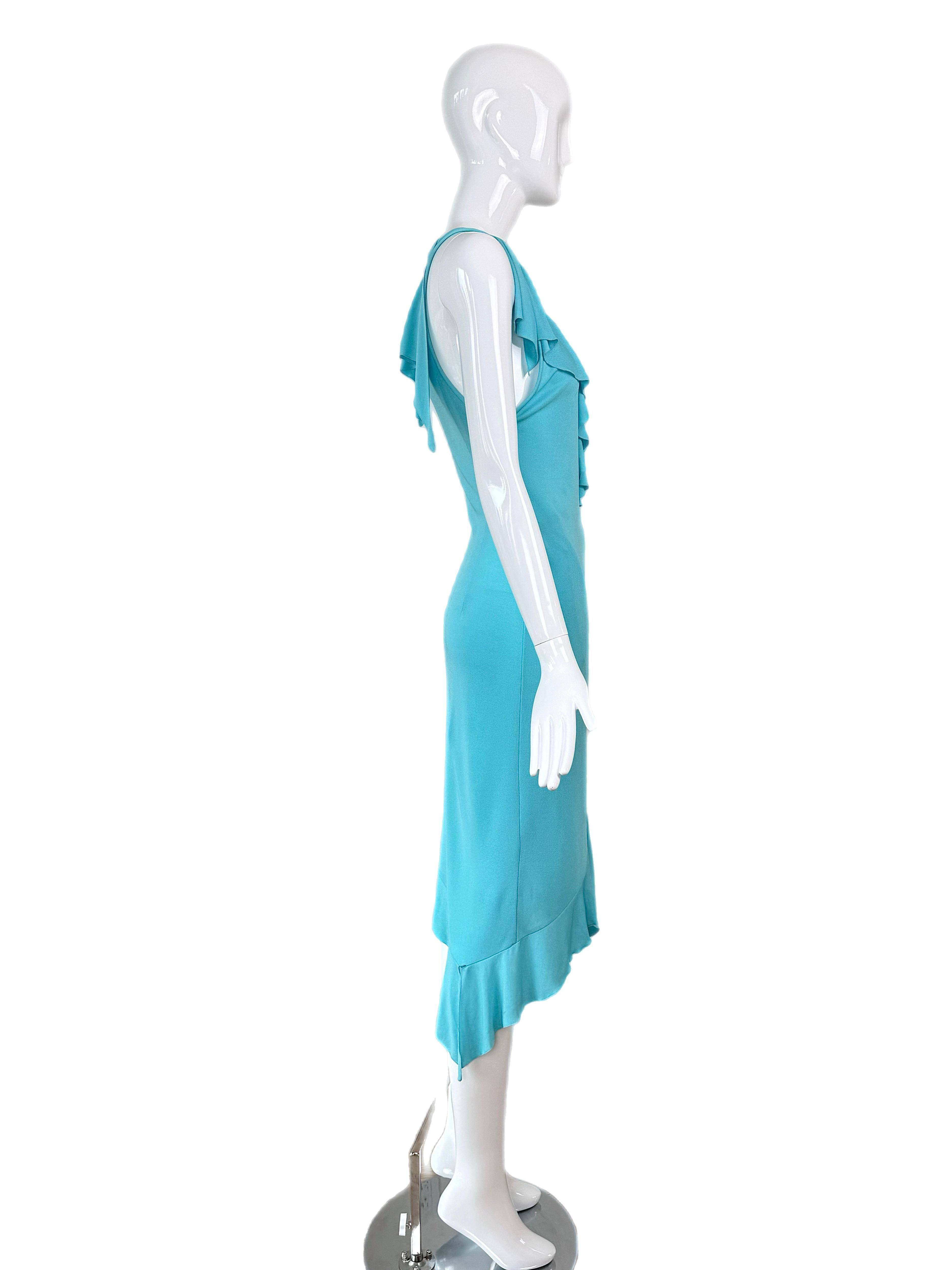 VERSACE 2004 Vintage Aqua Blue Ruffle Wrap Dress Runway Style In Good Condition For Sale In Leonardo, NJ