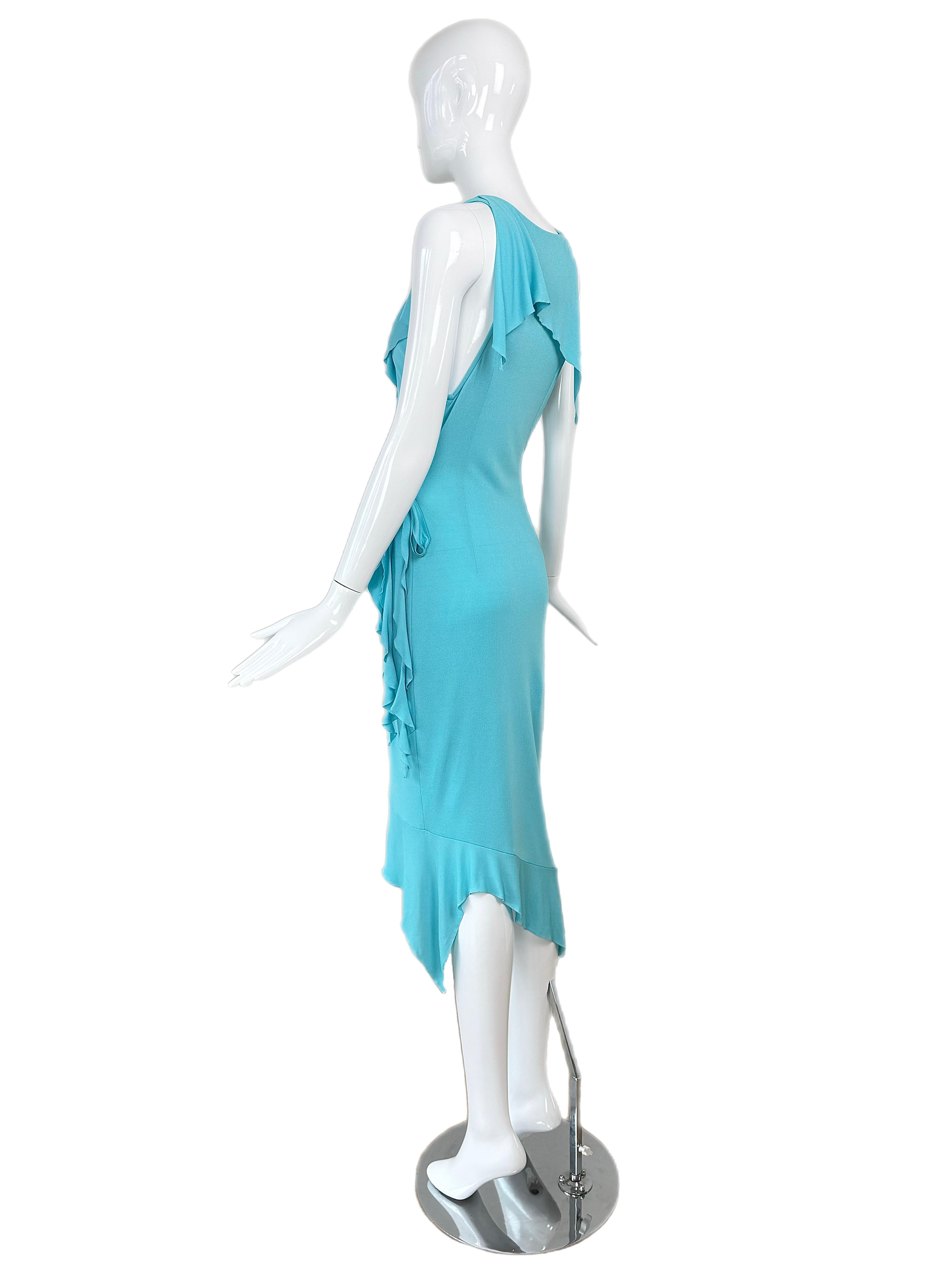 Women's VERSACE 2004 Vintage Aqua Blue Ruffle Wrap Dress Runway Style For Sale