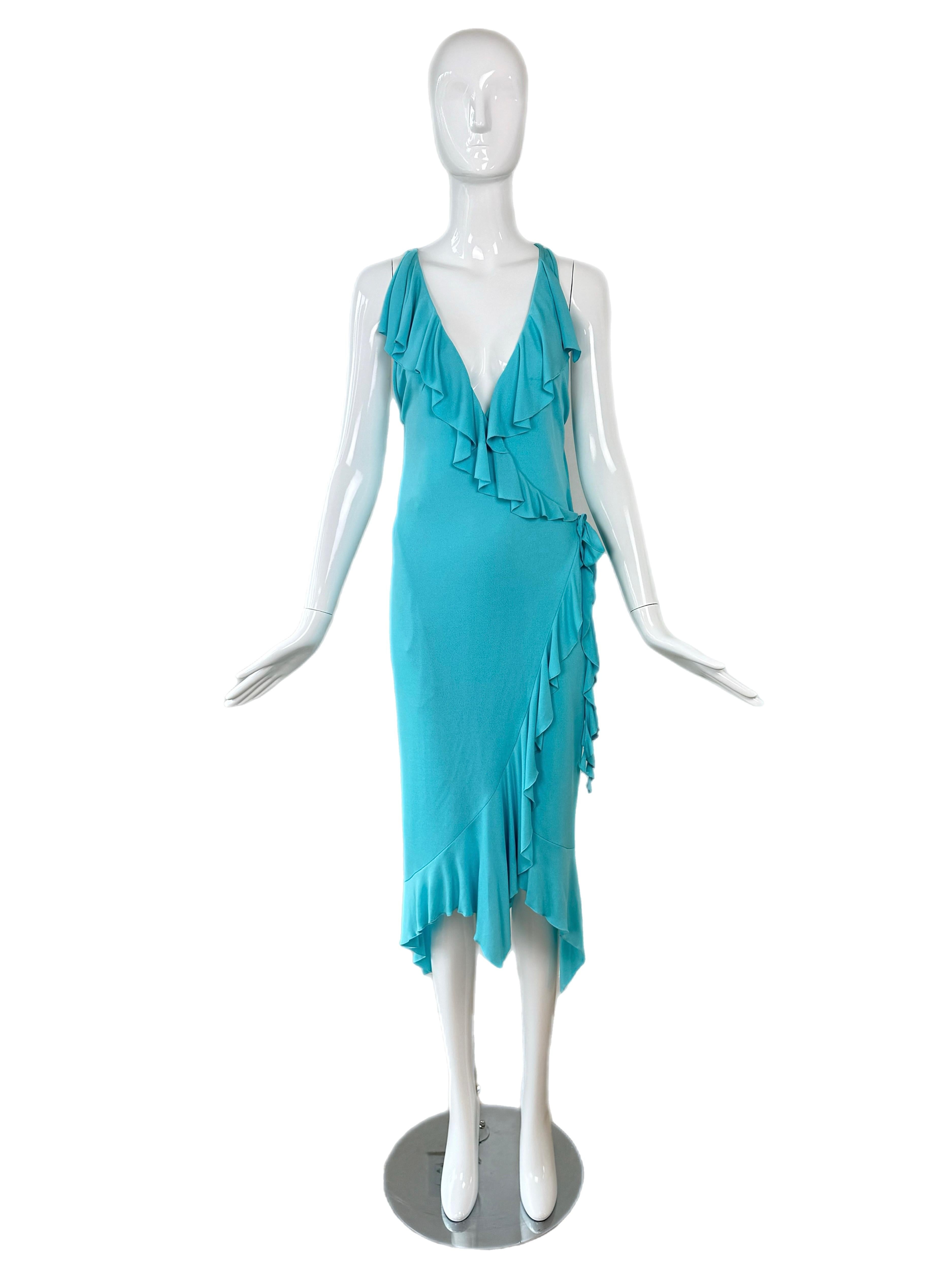 VERSACE 2004 Vintage Aqua Blue Ruffle Wrap Dress Runway Style For Sale 1