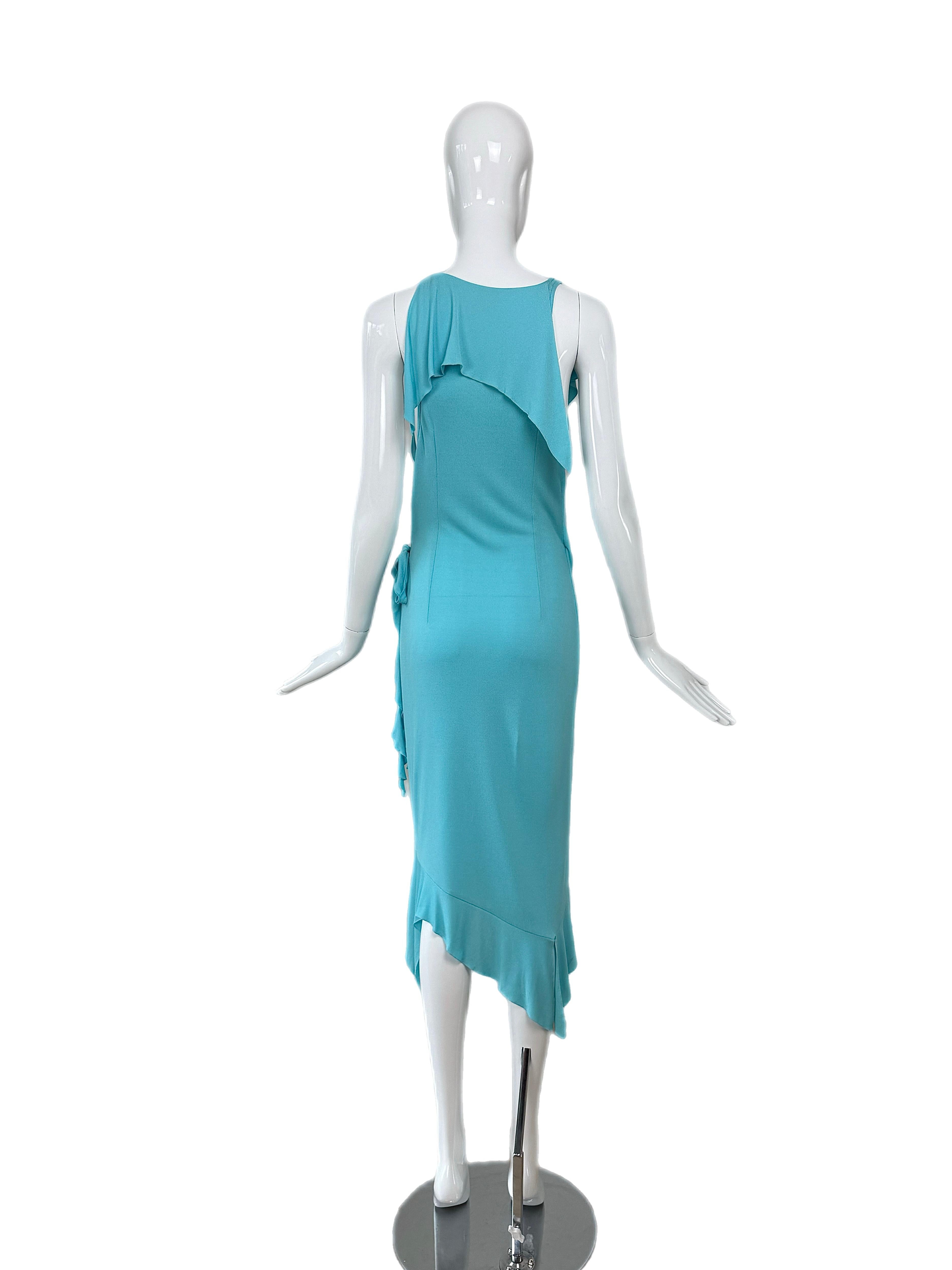VERSACE 2004 Vintage Aqua Blue Ruffle Wrap Dress Runway Style For Sale 2
