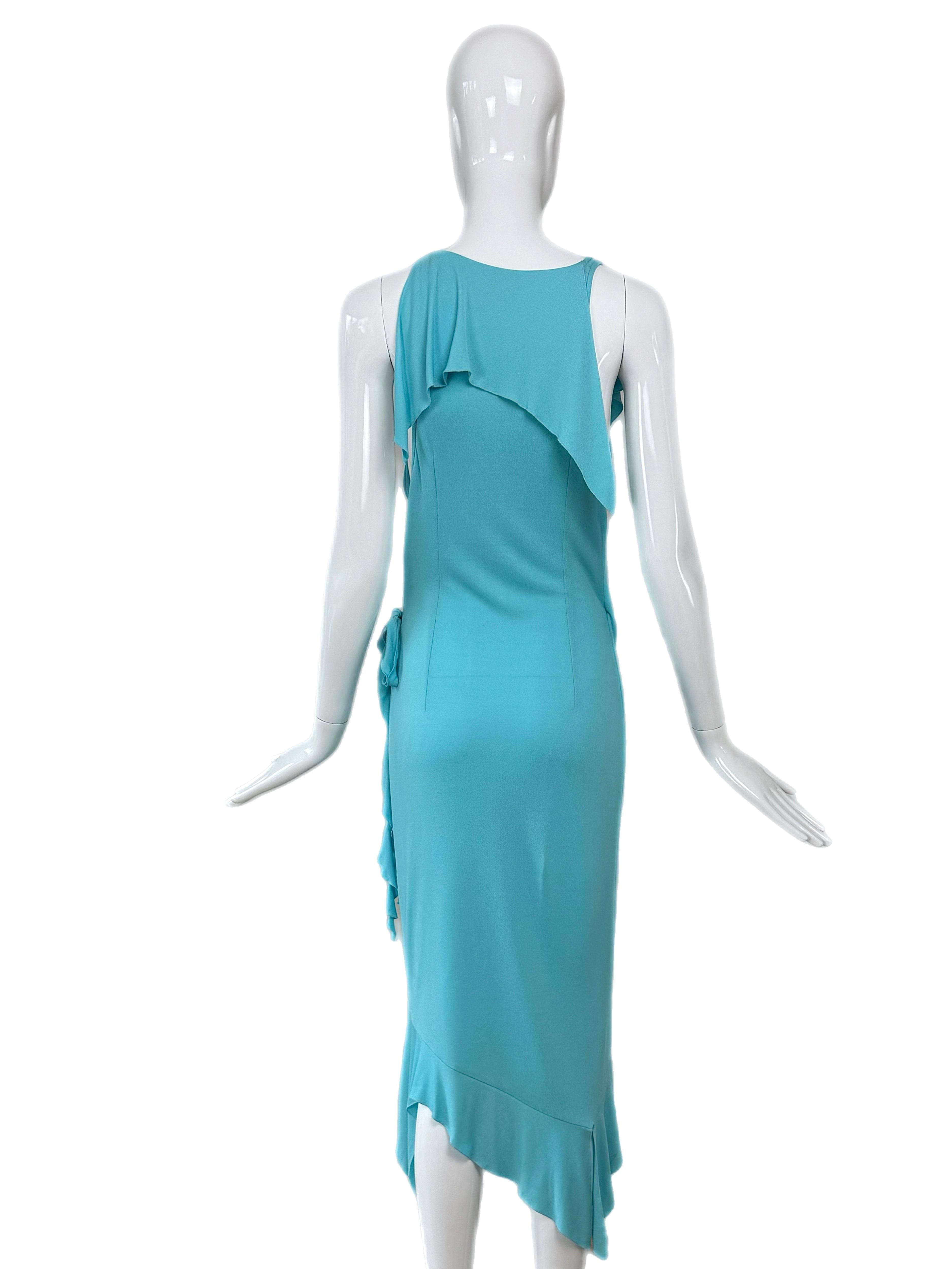 VERSACE 2004 Vintage Aqua Blue Ruffle Wrap Dress Runway Style For Sale 3