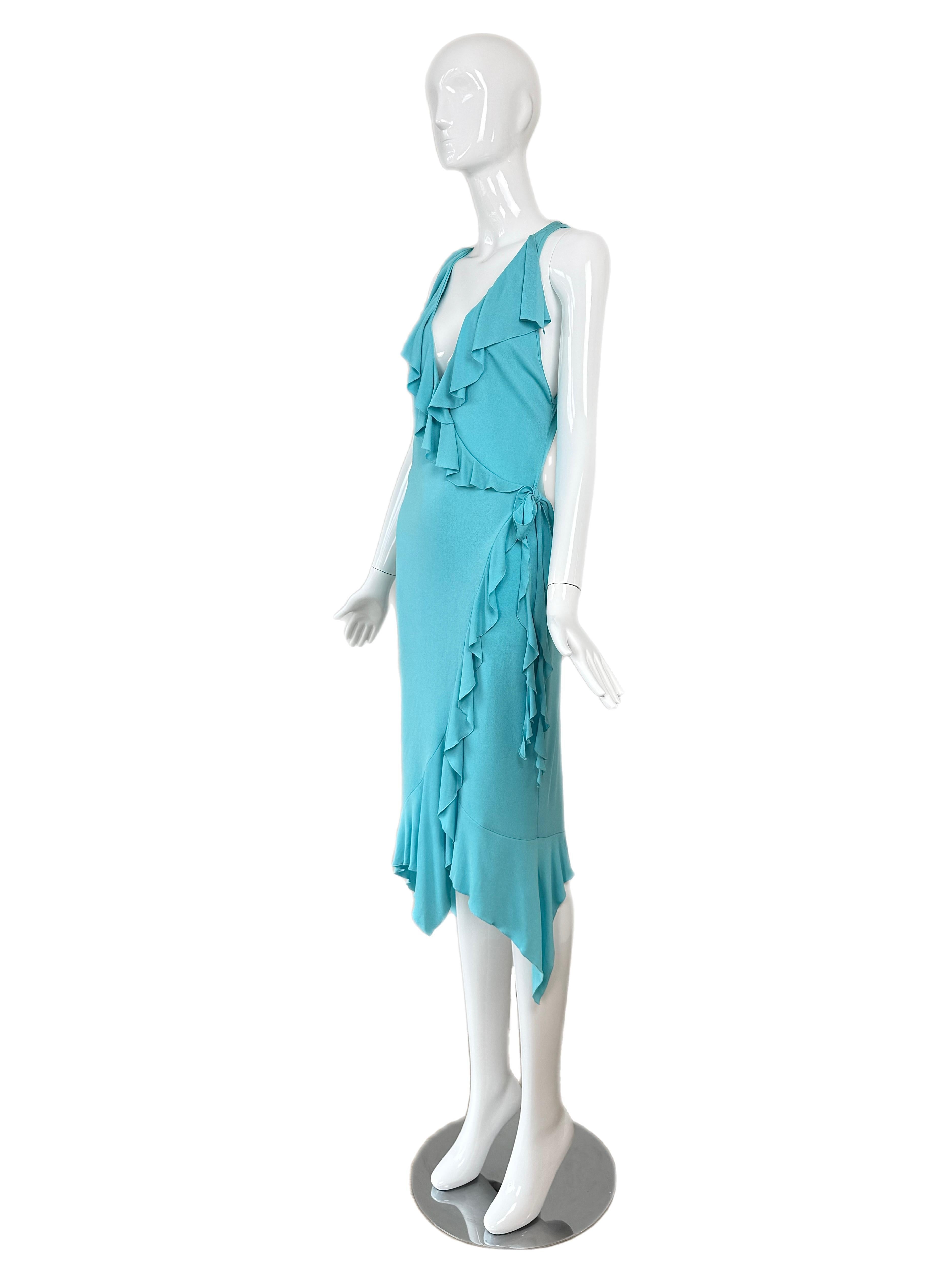 VERSACE 2004 Vintage Aqua Blue Ruffle Wrap Dress Runway Style For Sale 4
