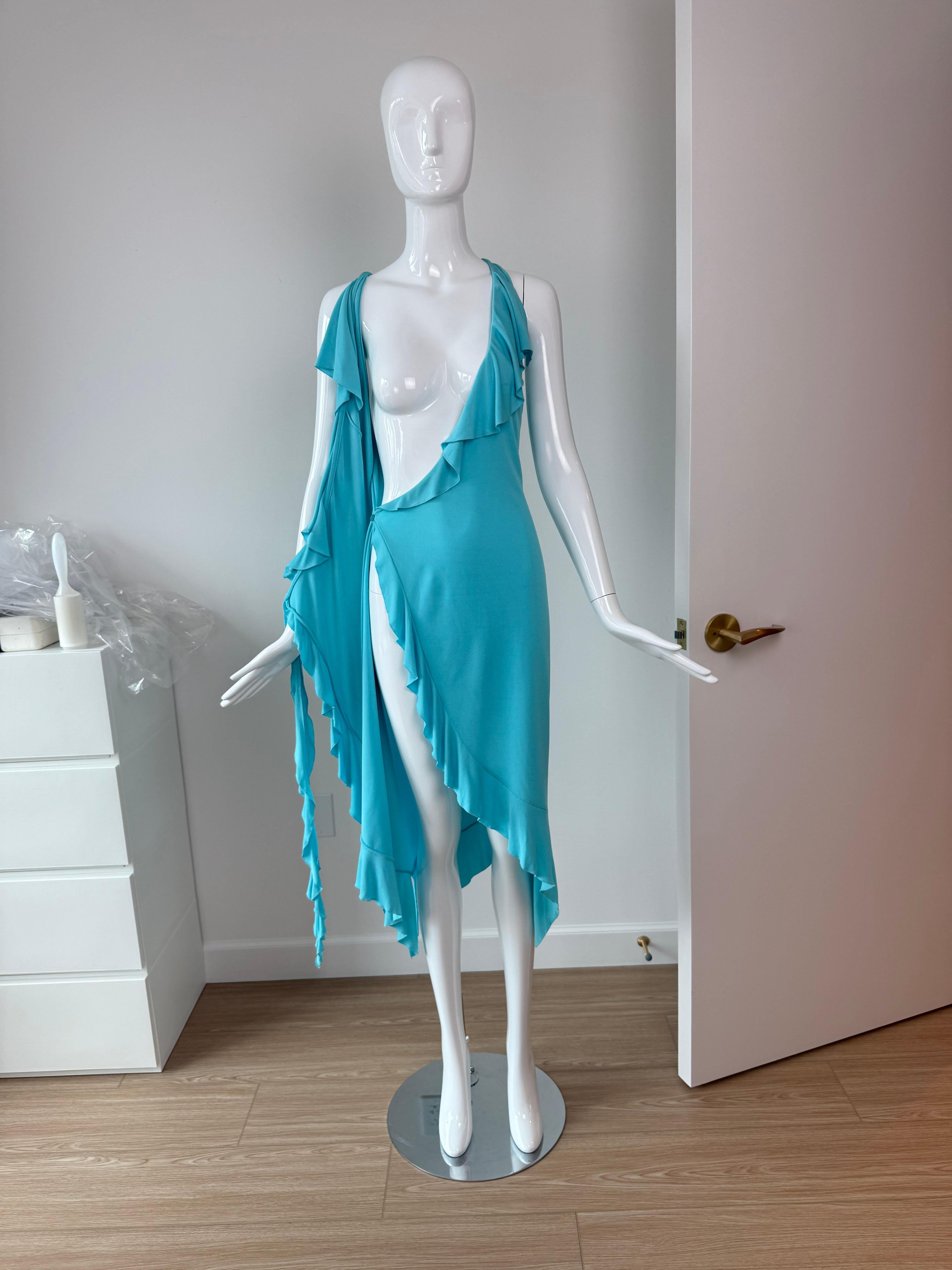 VERSACE 2004 Vintage Aqua Blue Ruffle Wrap Dress Runway Style For Sale 5