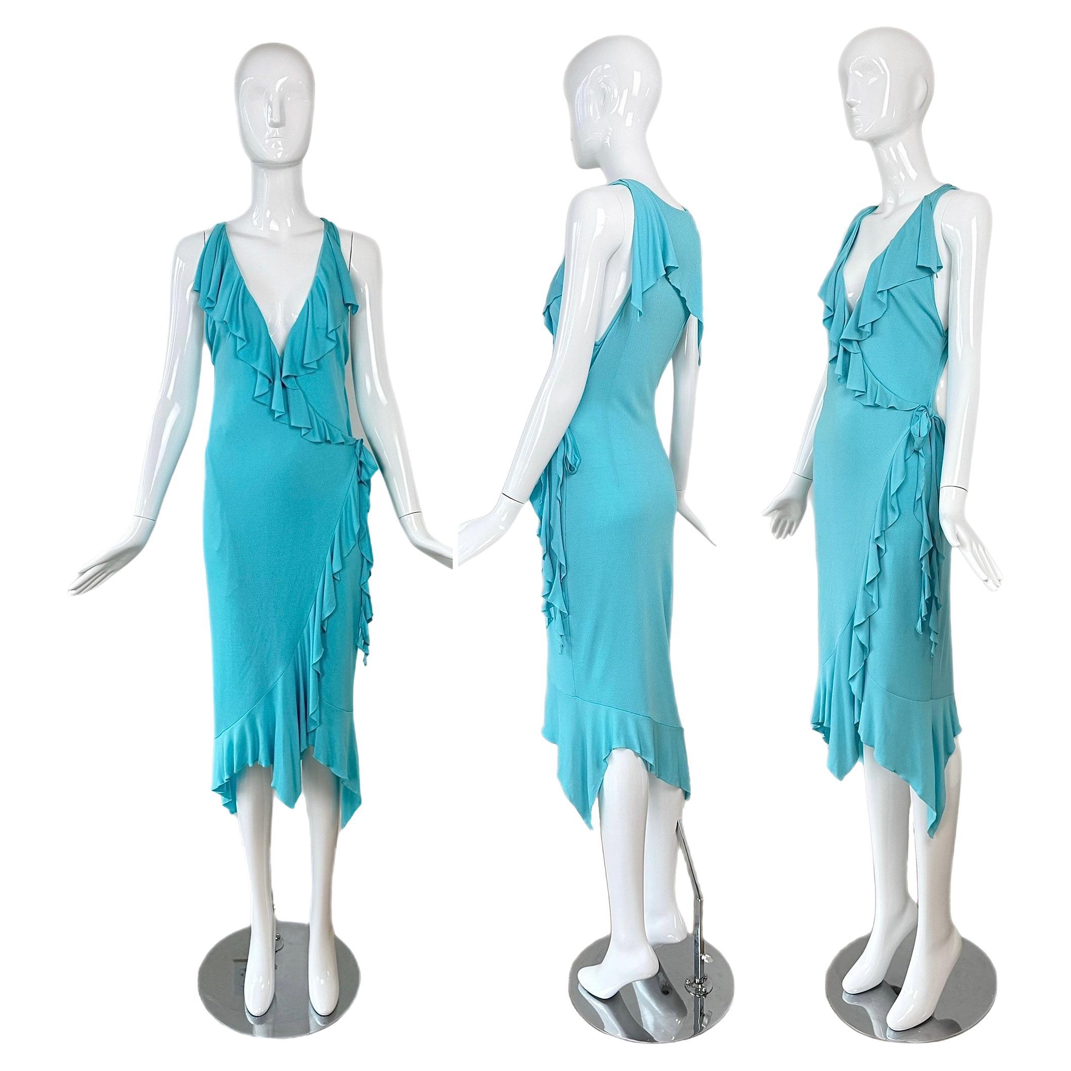VERSACE 2004 Vintage Aqua Blue Ruffle Wrap Dress Runway Style For Sale