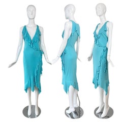 VERSACE 2004 Vintage Aqua Blue Ruffle Wrap Dress Runway Style