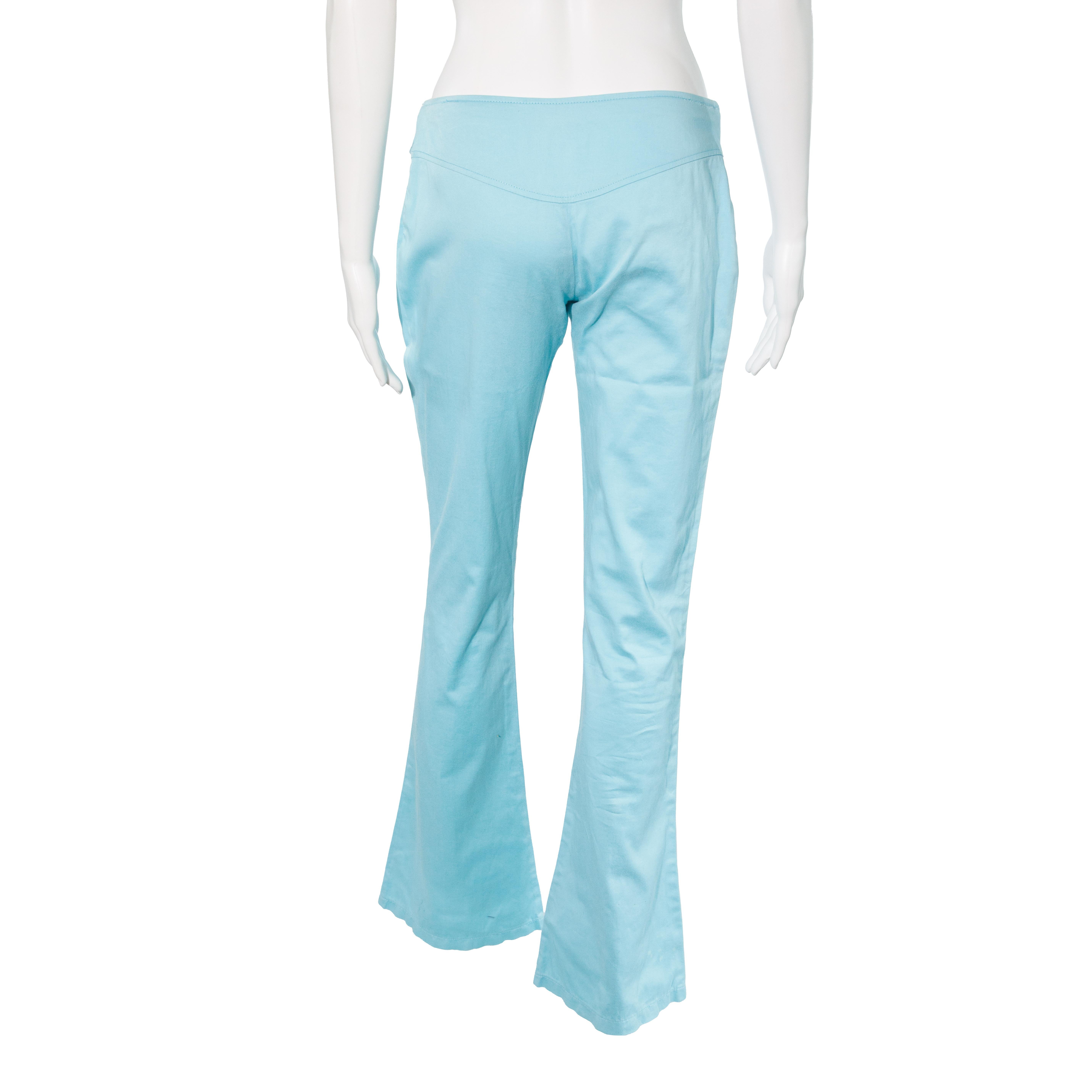 Versace spring-summer 2005 belted trousers worn by Donatella Versace and Madonna.

Worn by Donatella at the end of the autumn-winter 2005 runway and worn by Madonna for the 2005 ad campaign.

Large gold buckle on gimmick belt.

Low rise.

Flared
