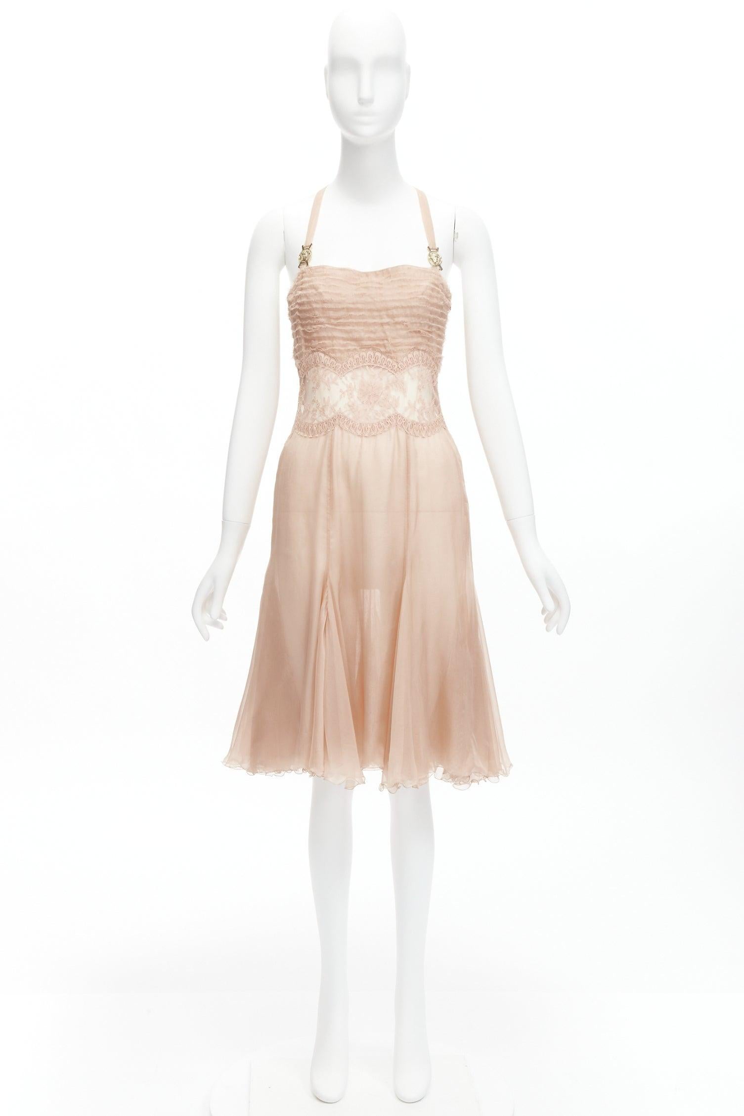 VERSACE 2005 Runway nude gold Medusa buckles sheer lace chiffon dress IT38 XS For Sale 5