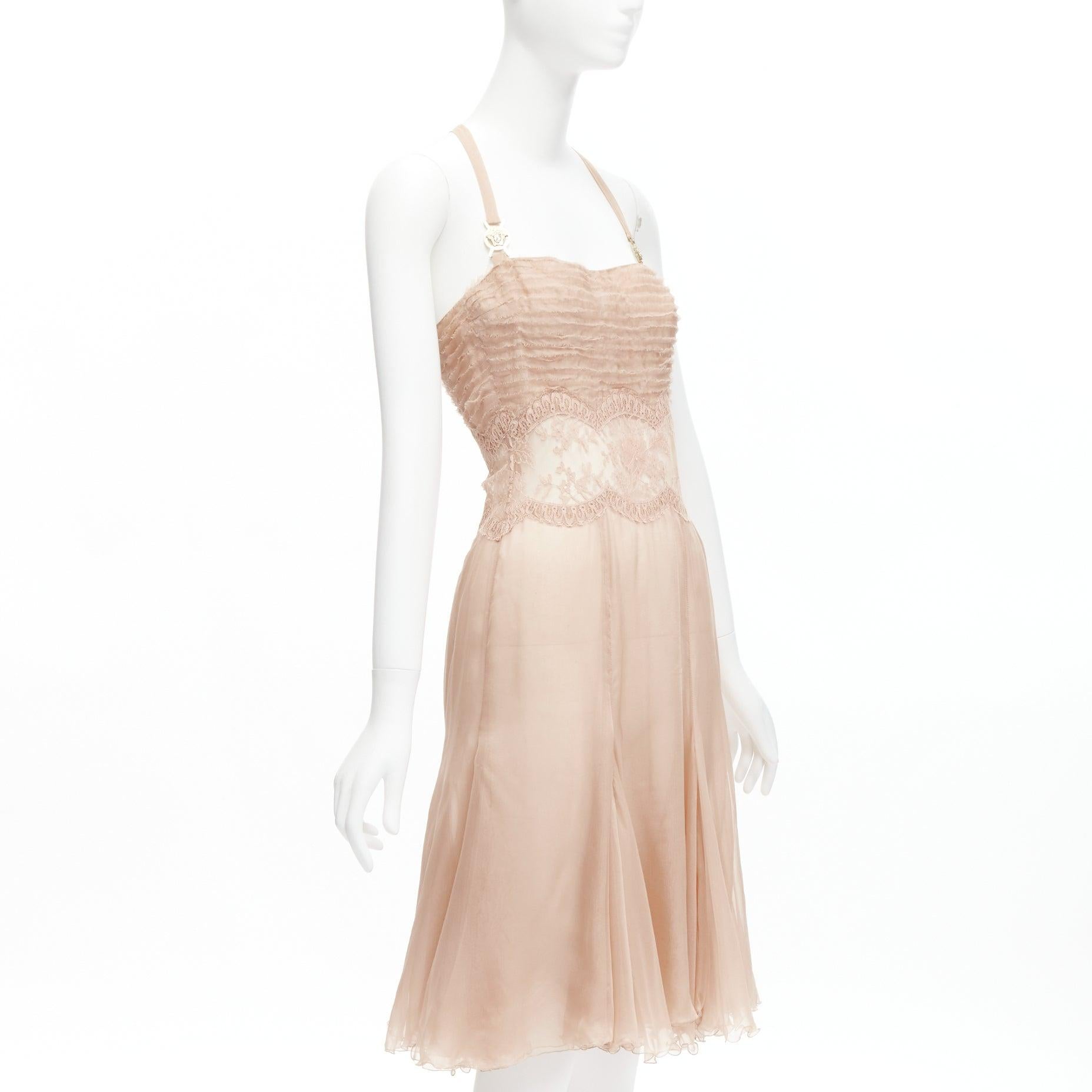Gold VERSACE 2005 Runway nude gold Medusa buckles sheer lace chiffon dress IT38 XS For Sale