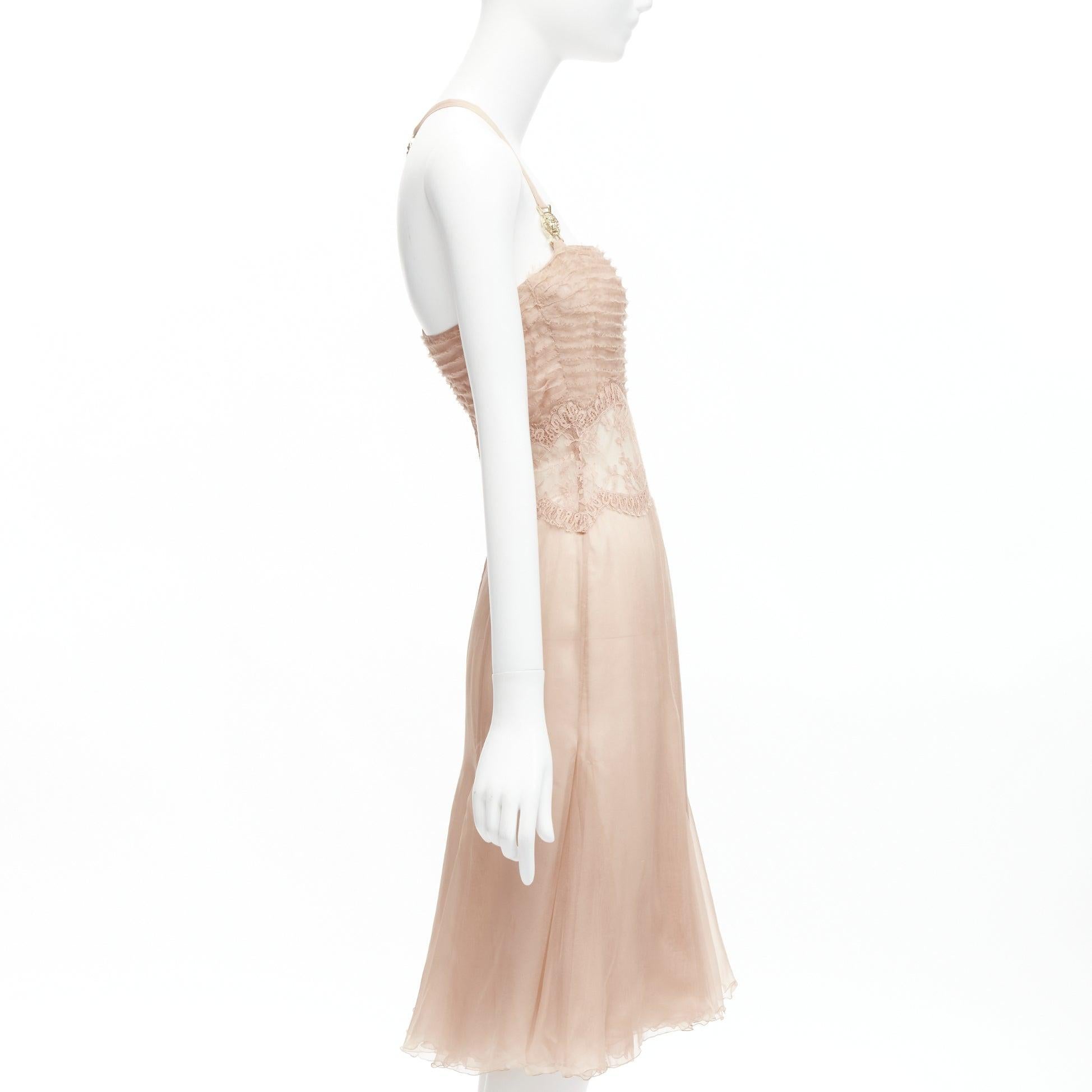VERSACE 2005 Runway nude gold Medusa buckles sheer lace chiffon dress IT38 XS In Good Condition For Sale In Hong Kong, NT