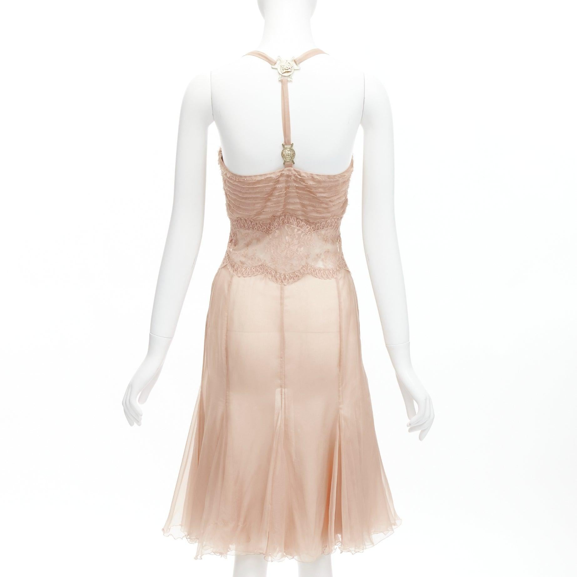 Women's VERSACE 2005 Runway nude gold Medusa buckles sheer lace chiffon dress IT38 XS For Sale