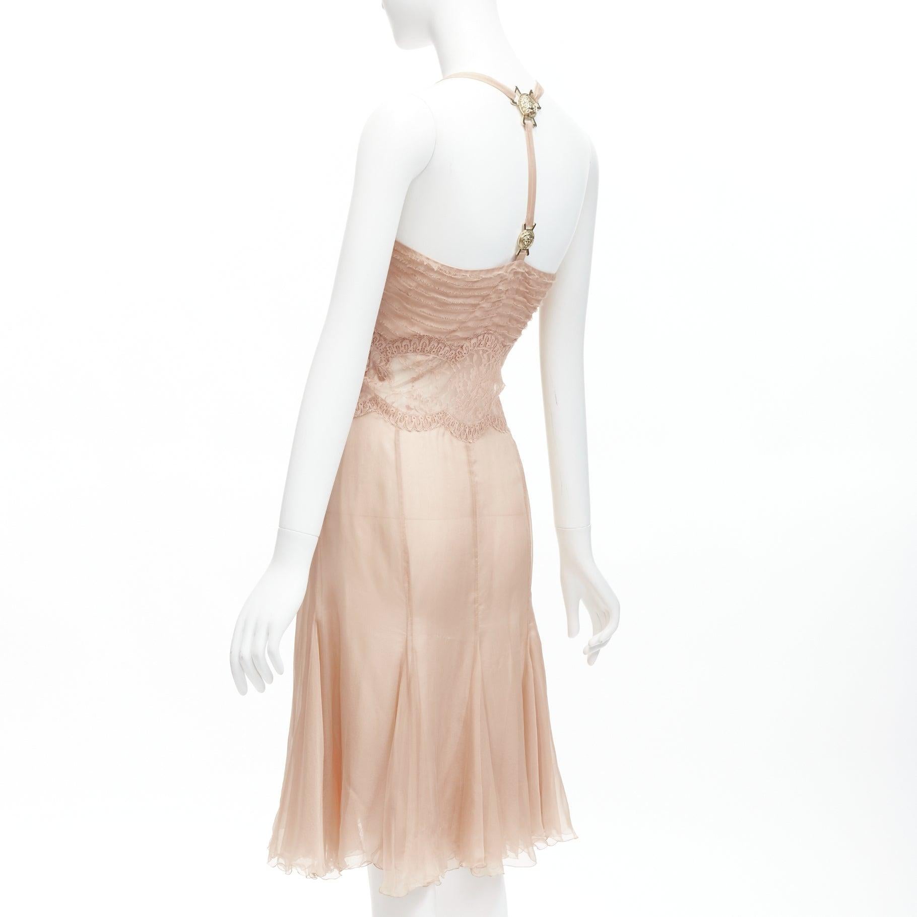 VERSACE 2005 Runway nude gold Medusa buckles sheer lace chiffon dress IT38 XS For Sale 1