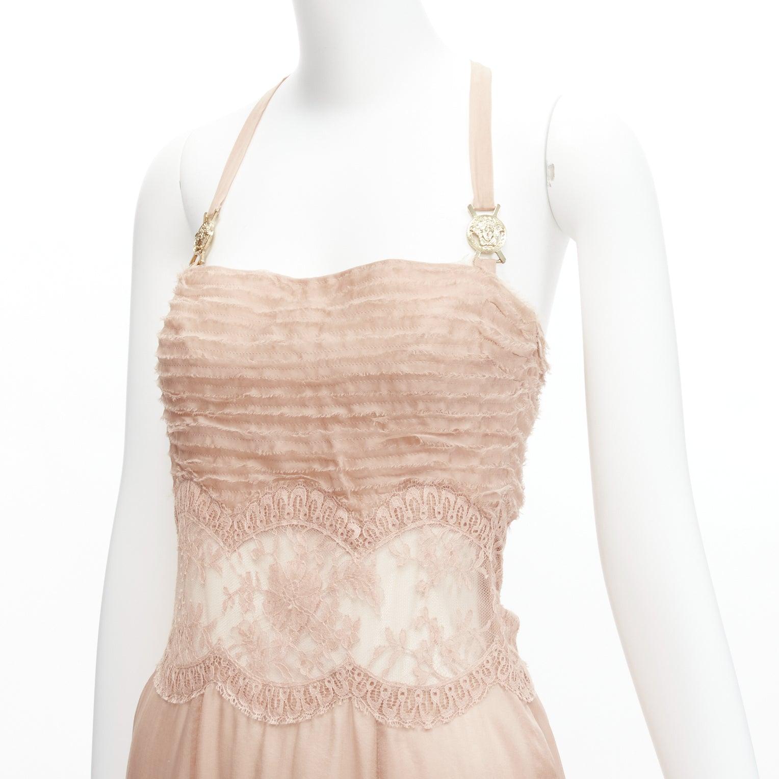 VERSACE 2005 Runway nude gold Medusa buckles sheer lace chiffon dress IT38 XS For Sale 2