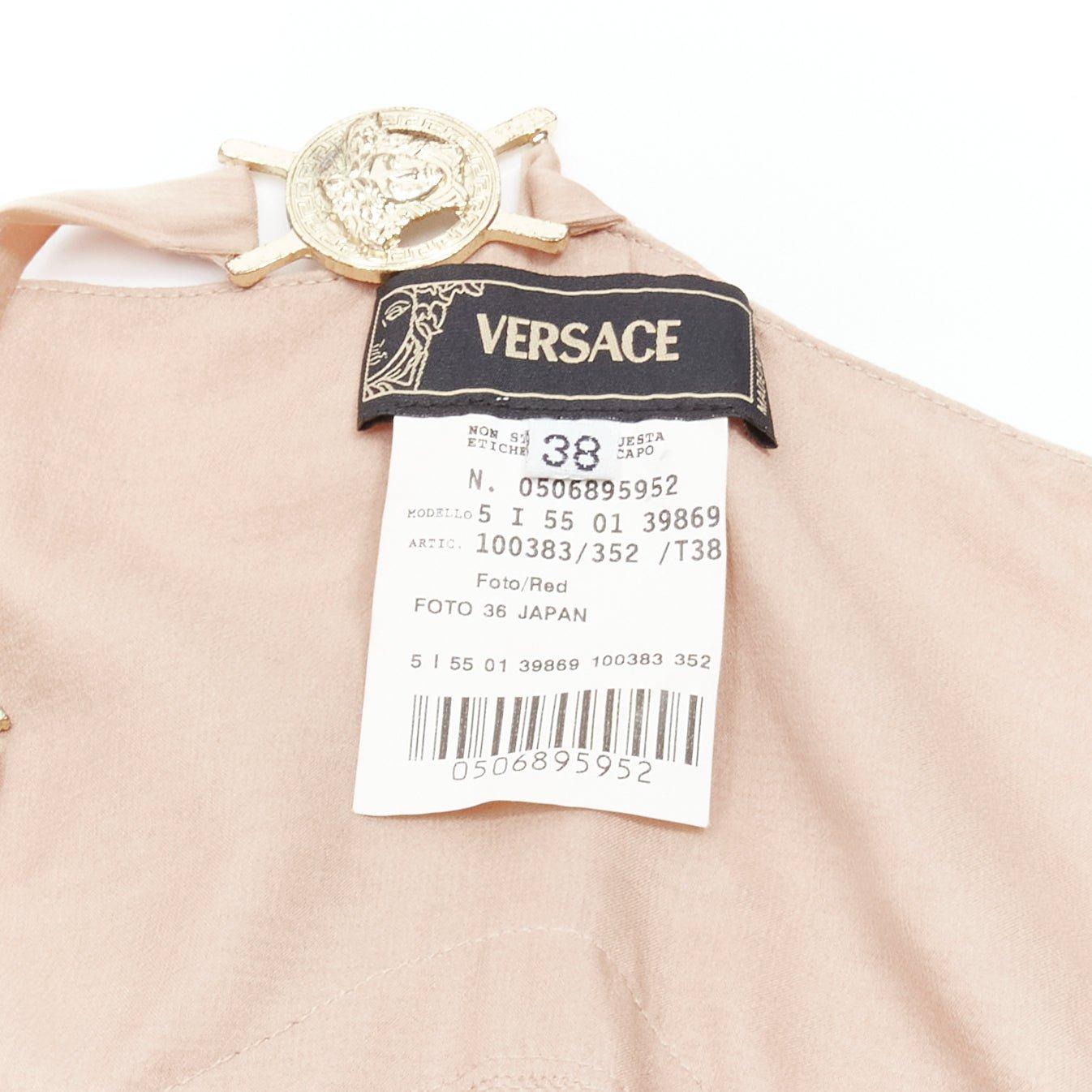 VERSACE 2005 Runway nude gold Medusa buckles sheer lace chiffon dress IT38 XS For Sale 4