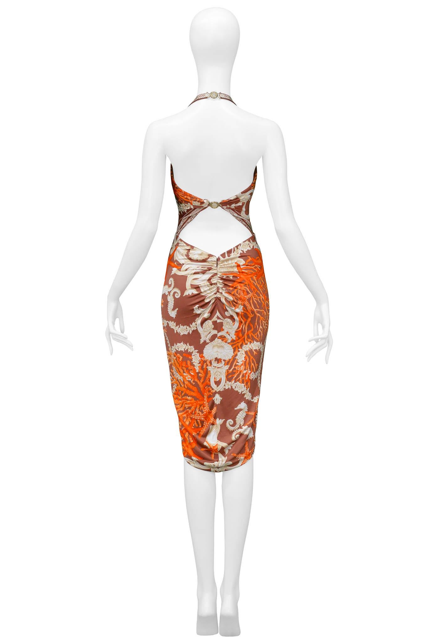 Beige Versace 2005 Seahorse & Coral Print Halter Dress For Sale