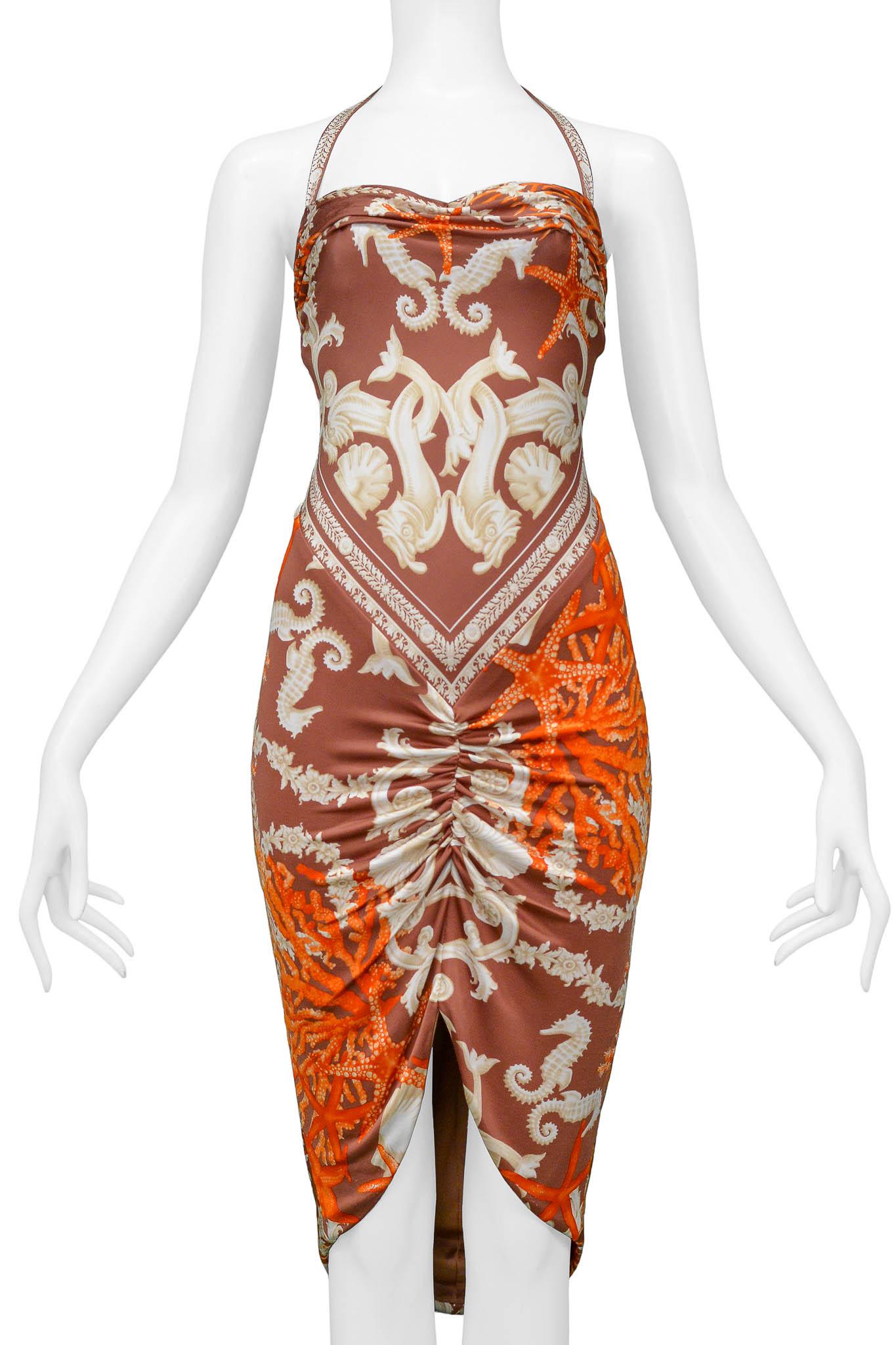 Versace 2005 Seahorse & Coral Print Halter Dress In Excellent Condition For Sale In Los Angeles, CA