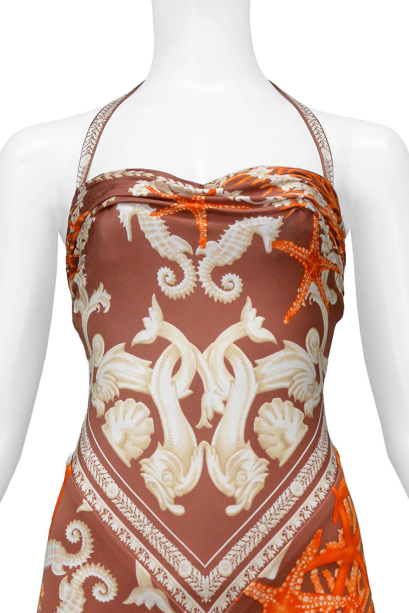 Women's Versace 2005 Seahorse & Coral Print Halter Dress For Sale