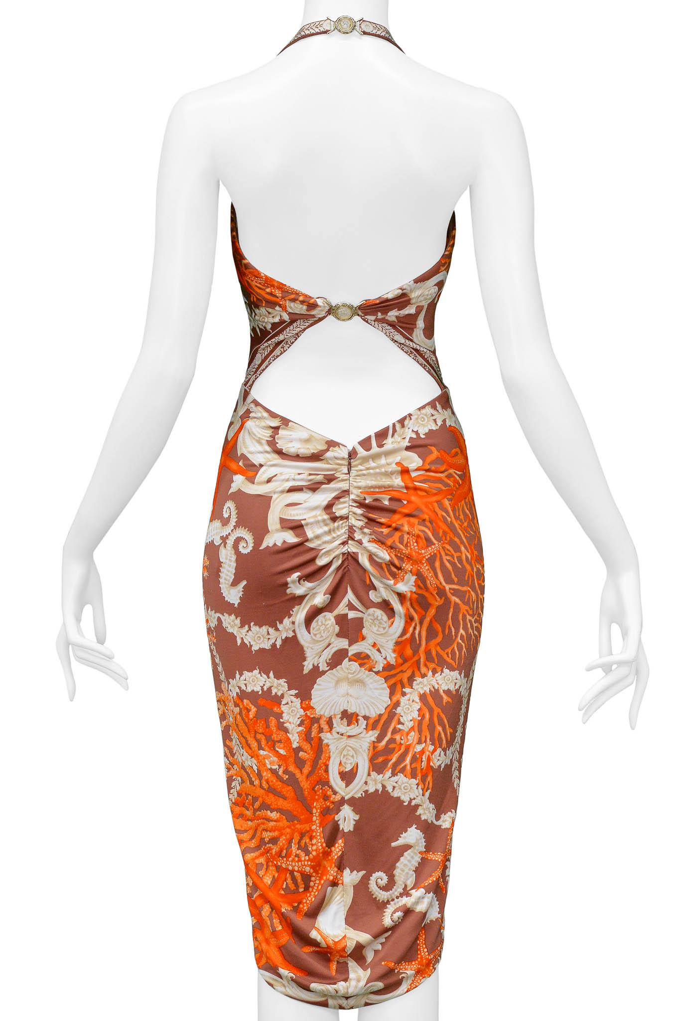 Versace 2005 Seahorse & Coral Print Halter Dress For Sale 2