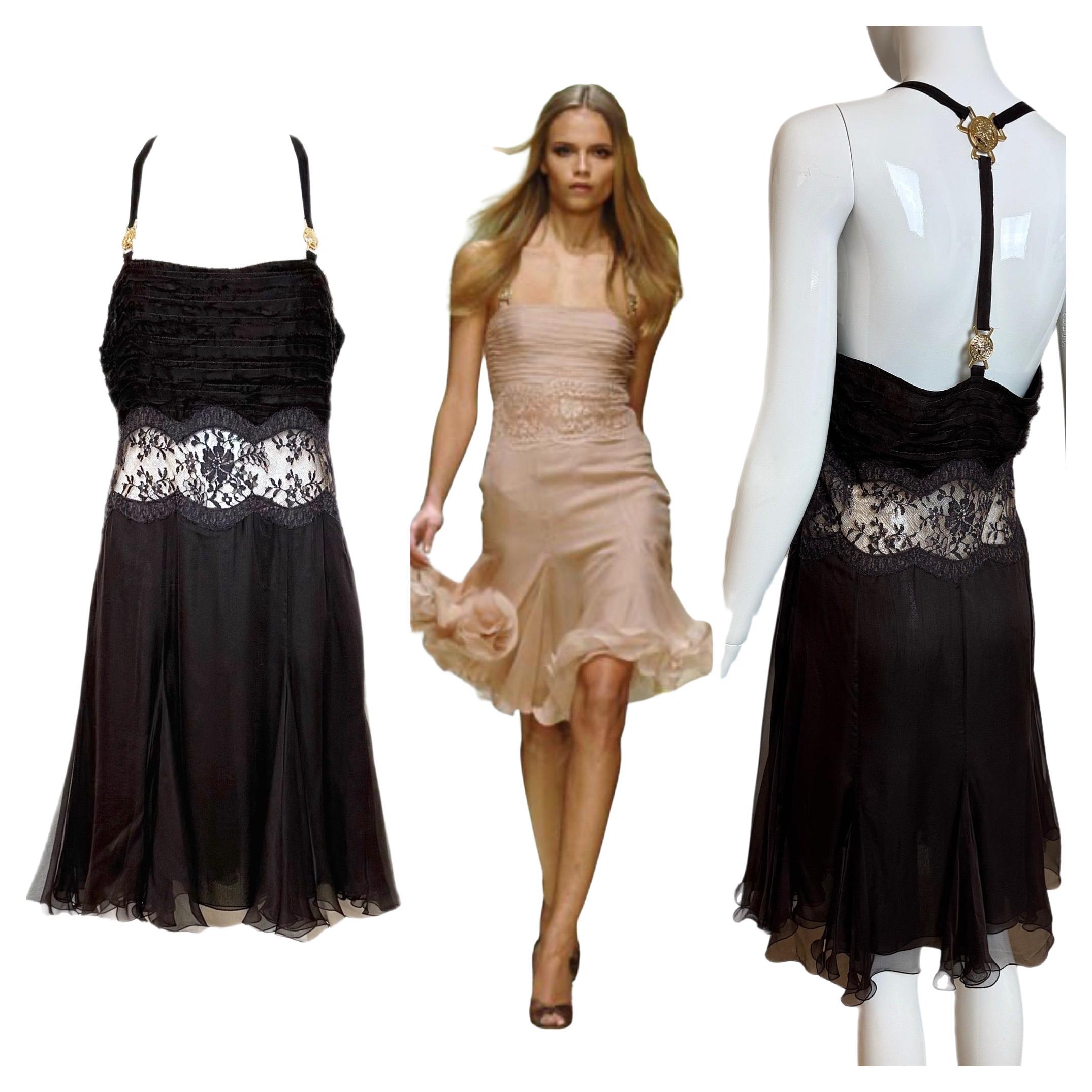 VERSACE 2005 Vintage Runway Espresso Brown Silk Dress Gold Medusa