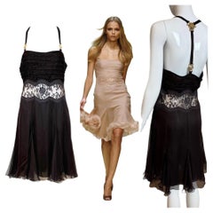 VERSACE 2005 Vintage Runway Espresso Brown Silk Dress Gold Medusa