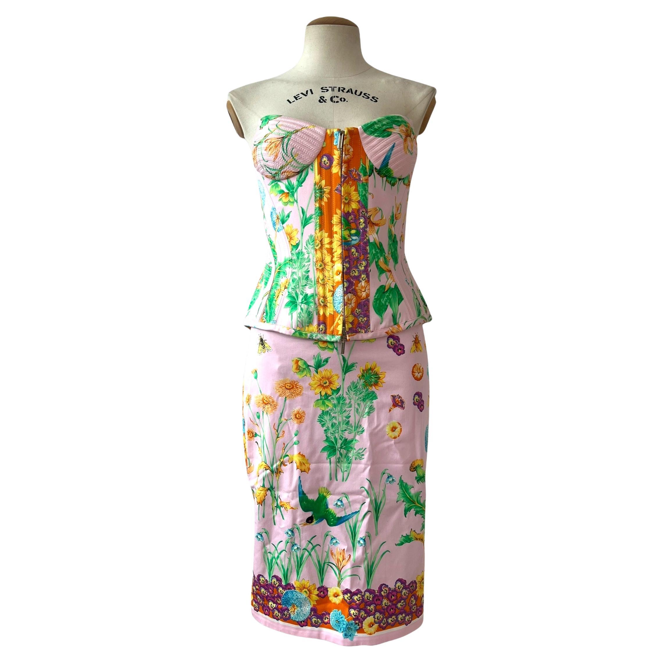 Versace 2006 S/S floral print bustier and skirt ensemble For Sale
