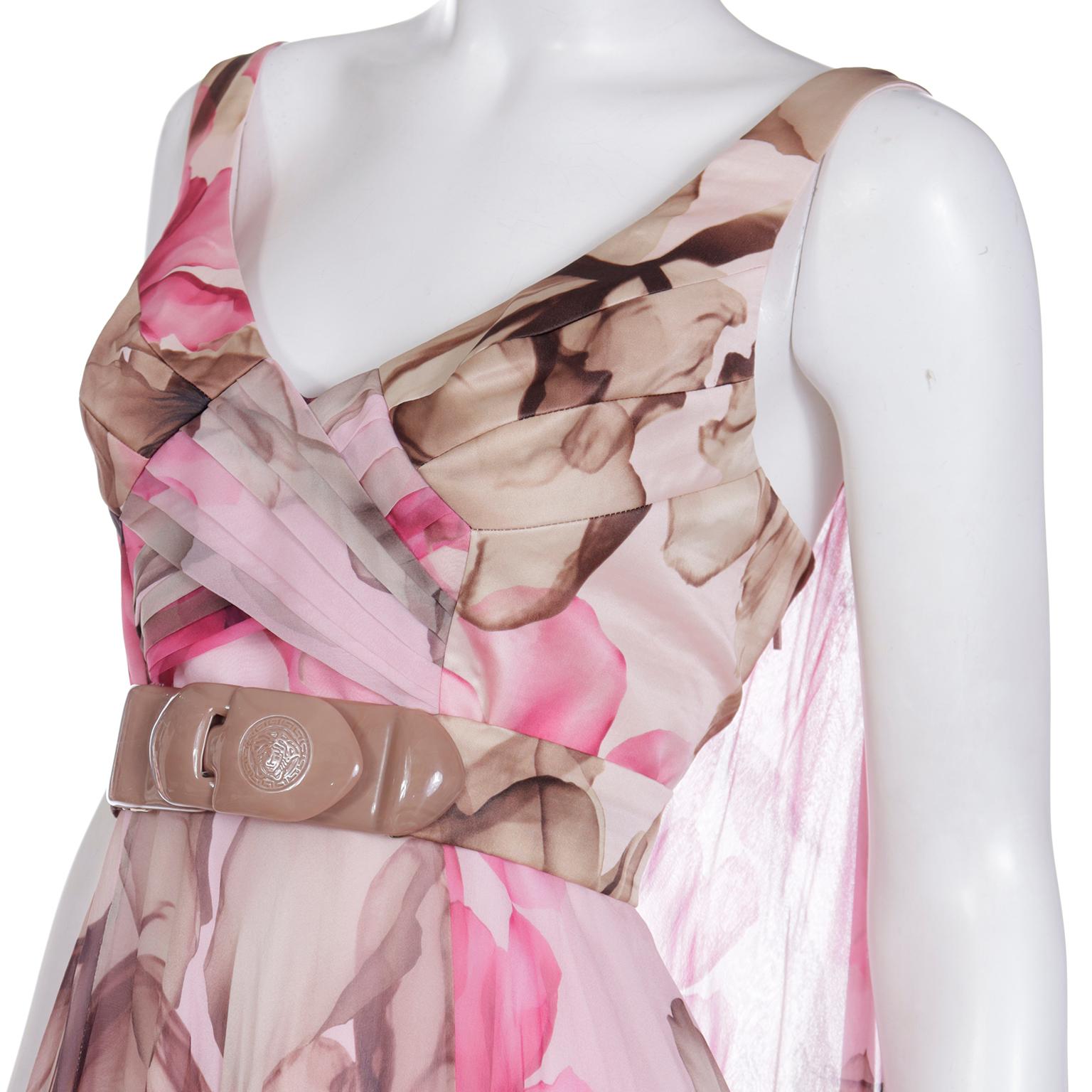 Versace 2008 Pink Brown Silk Chiffon Mini Dress w Medusa Buckle & Drape Panels For Sale 6