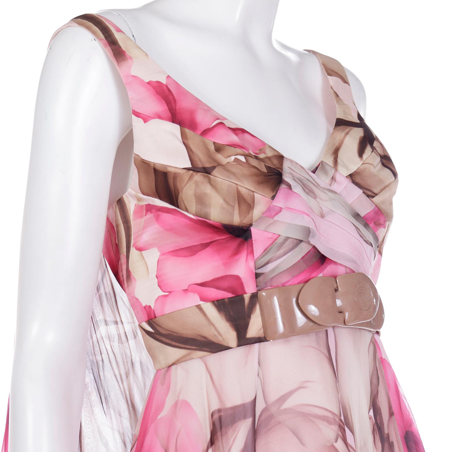 Versace 2008 Pink Brown Silk Chiffon Mini Dress w Medusa Buckle & Drape Panels For Sale 8