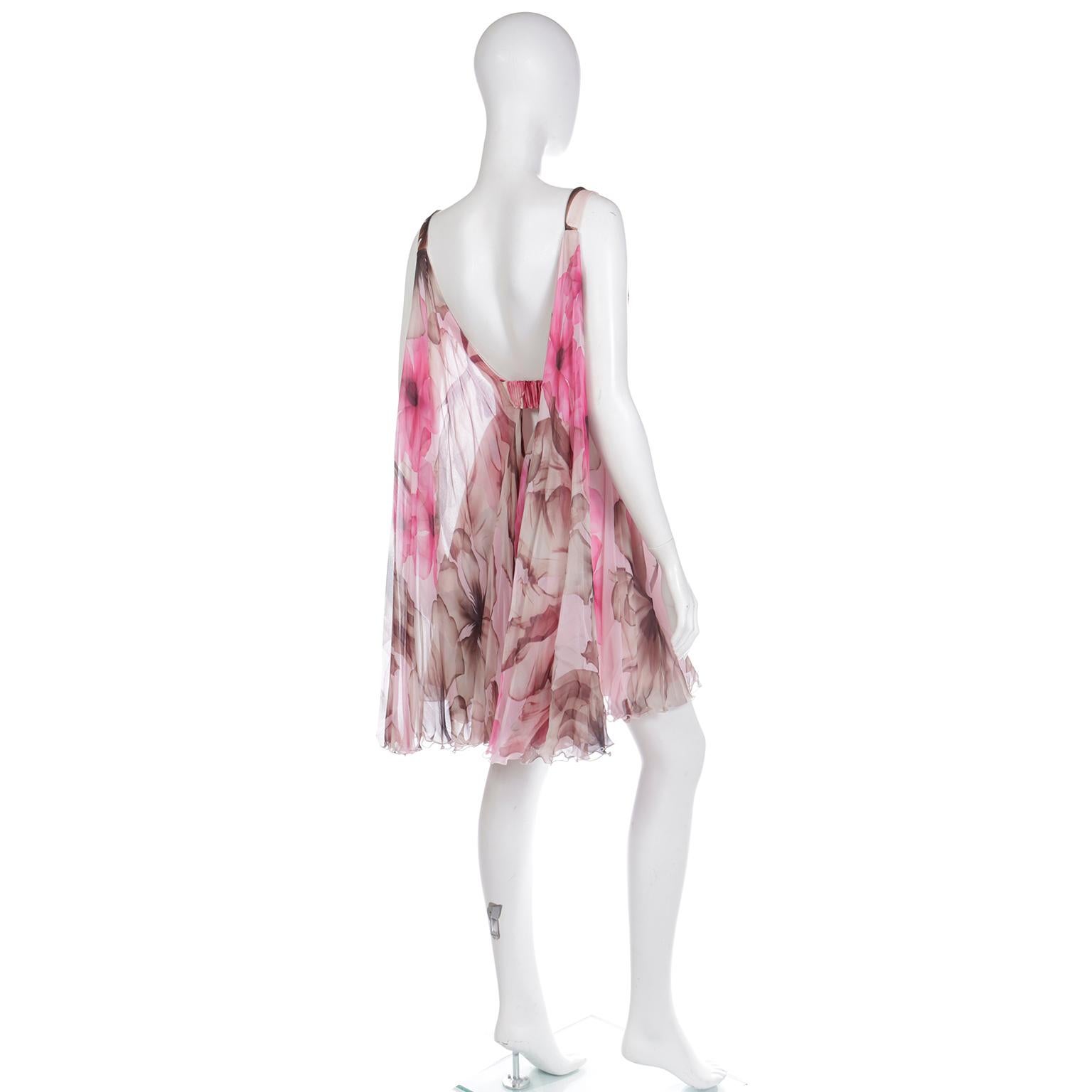 Versace 2008 Pink Brown Silk Chiffon Mini Dress w Medusa Buckle & Drape Panels For Sale 2
