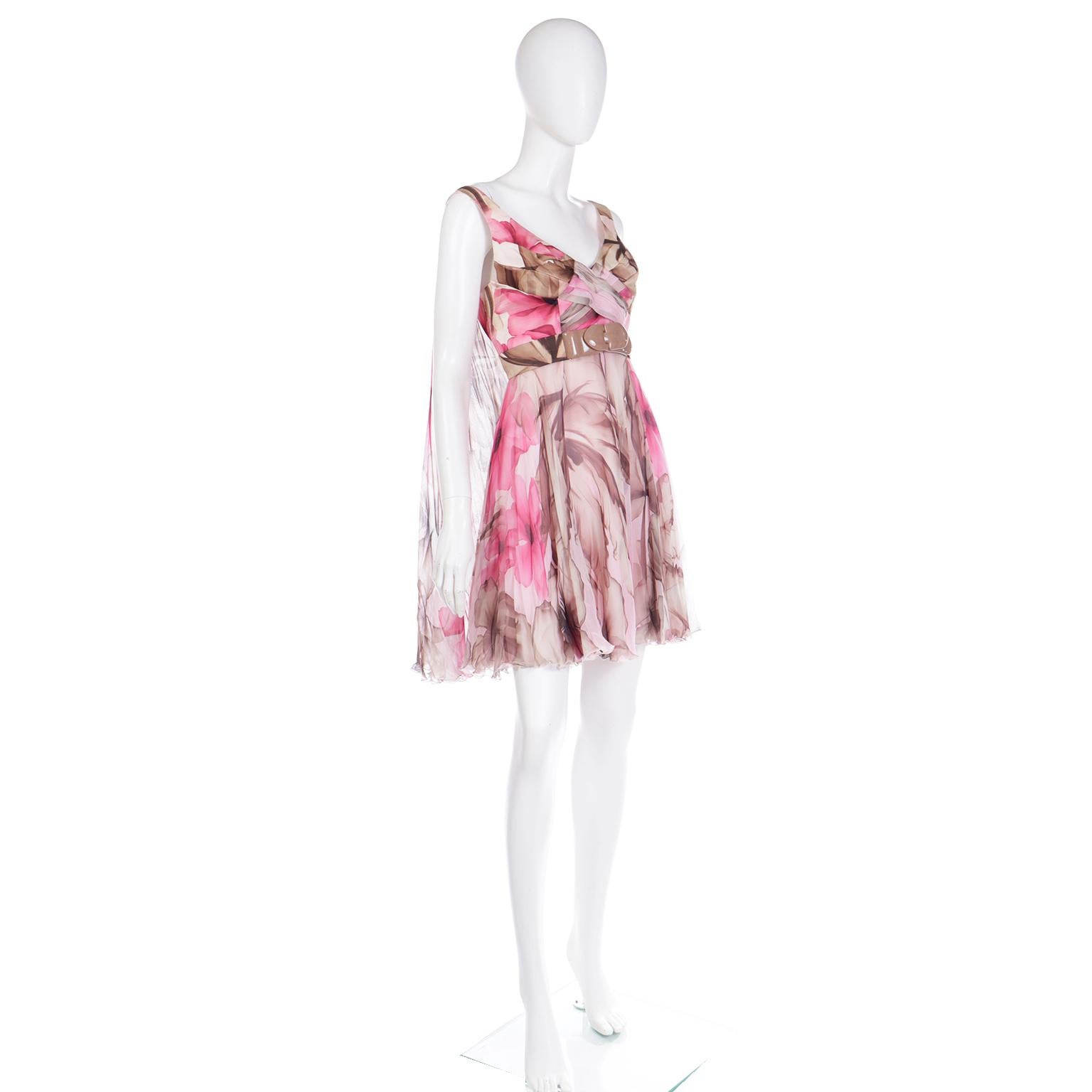 Versace 2008 Pink Brown Silk Chiffon Mini Dress w Medusa Buckle & Drape Panels For Sale 3