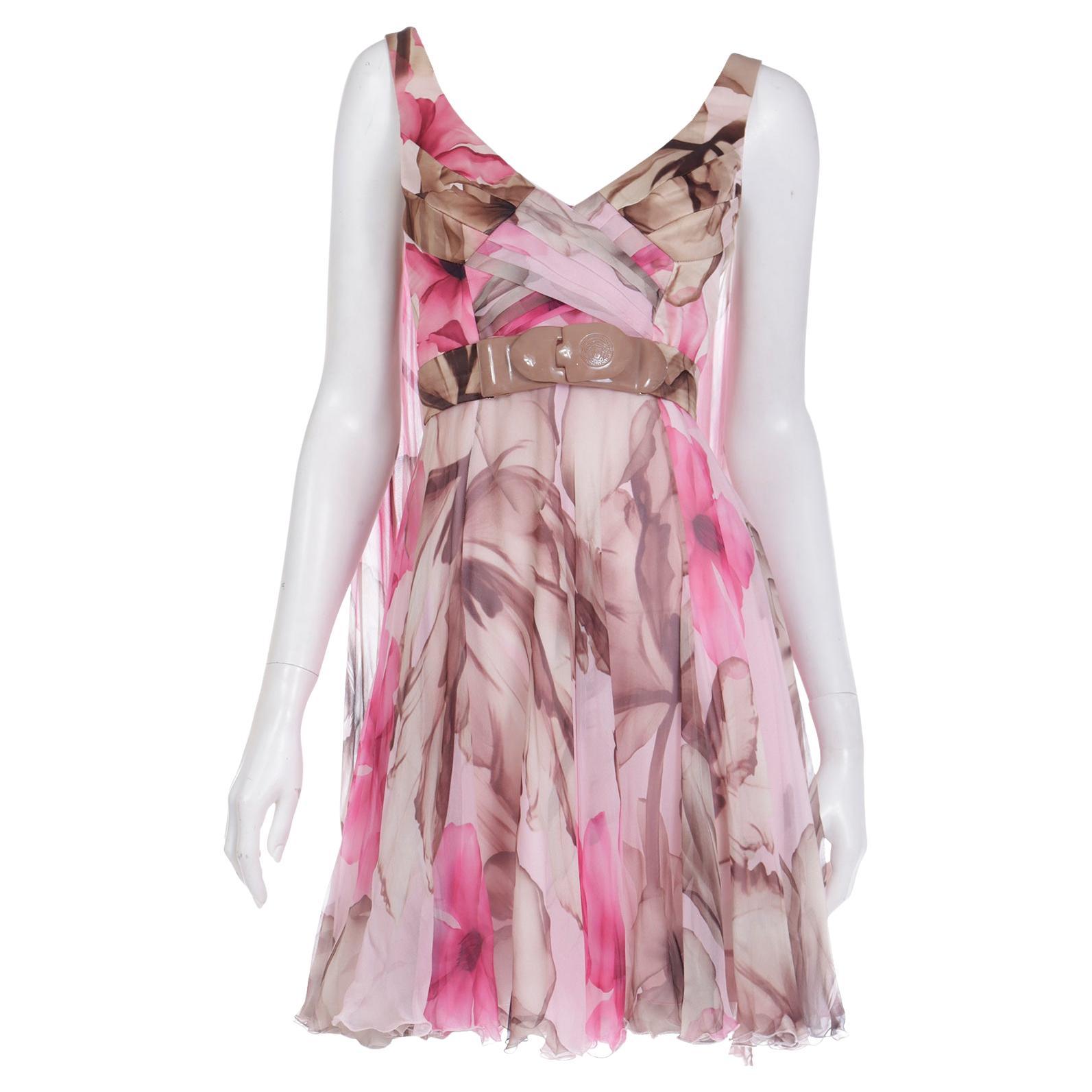 Versace 2008 Pink Brown Silk Chiffon Mini Dress w Medusa Buckle & Drape Panels For Sale